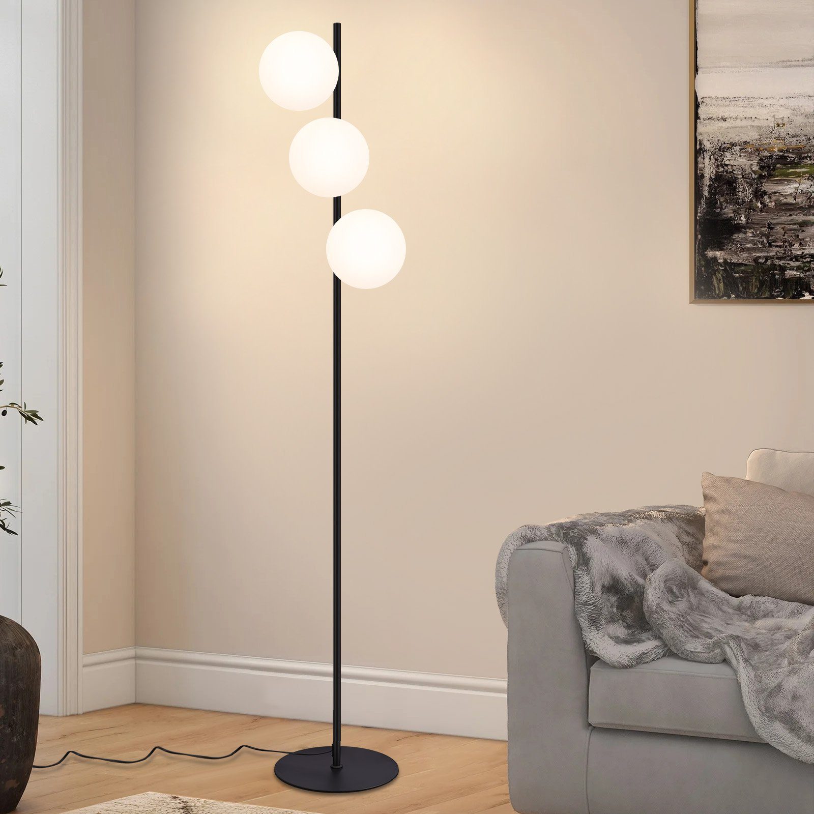 Bodenlampe, Wohnzimmer Leuchtmittel, Schwarz ohne Vintage Flammig, Industrial ZMH E27 Glas Stehlampe Weiß Modern Standlampe 3 Standleuchte - Stehleuchte