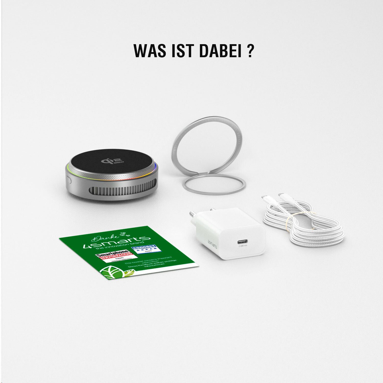 4smarts Qi2 25W / MagSafe Ladegerät-Set Wireless Charger (Set, Induktions-Ladegerät Universelle Kompatibilität Qi-Kompatibilität, RGB-Ambientebeleuchtung: Stilvolle LED-Beleuchtung)