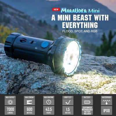 OLIGHT LED Taschenlampe Olight Marauder Mini Leistungsstarke Taschenlampe, 7000 Lumen 600 Meter, Wiederaufladbar, mit Strahler und Flutlich