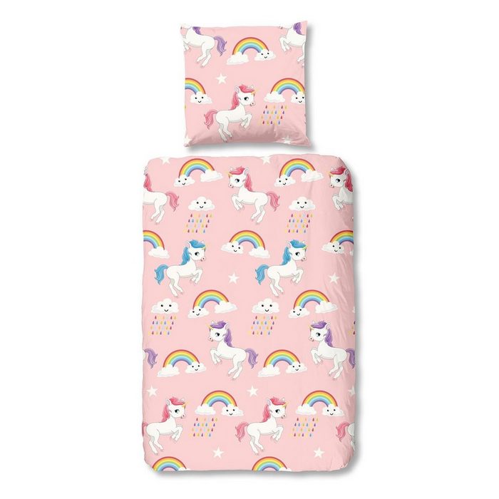 Bettwäsche Einhorn und Regenbogen TRAUMSCHLAF Renforce 2 teilig farbenfrohe Mädchenbettwäsche