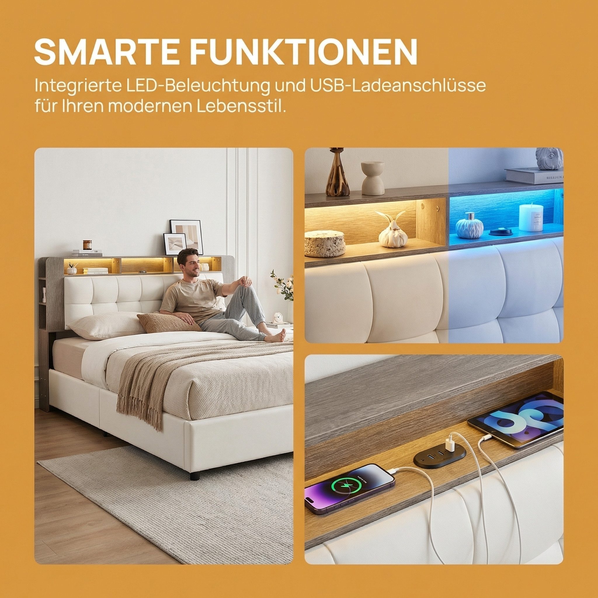 PXloue Polsterbett LED hydraulisches Doppelbett (Kopfteil mit integrierter kabelloser Ladefunktion), Boxspringbett, mit Stauraum und integrierter Beleuchtung,140x200 cm