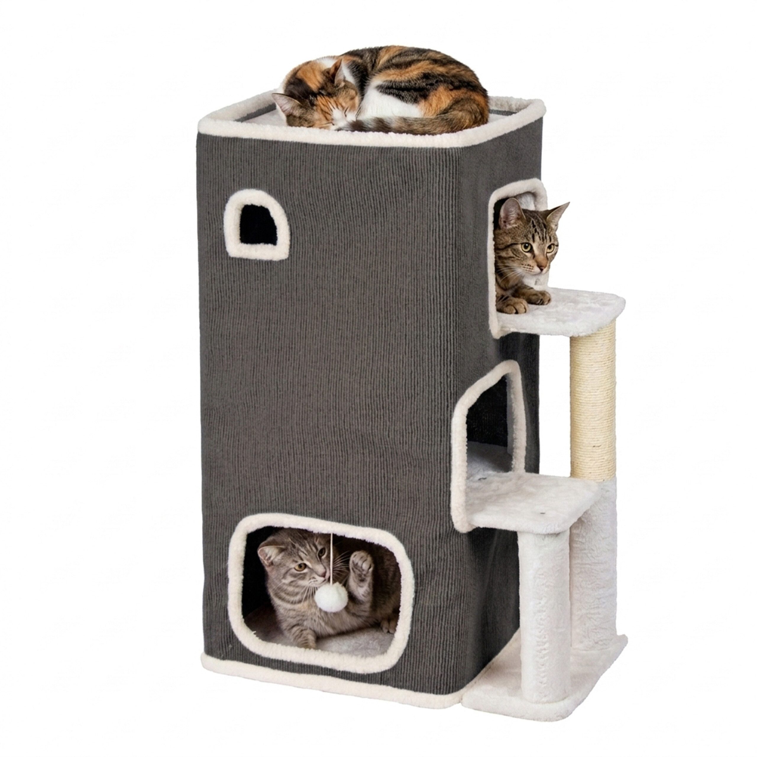 relaxdays Katzenhaus 3 Etagen Ball & Kratzstamm, grau