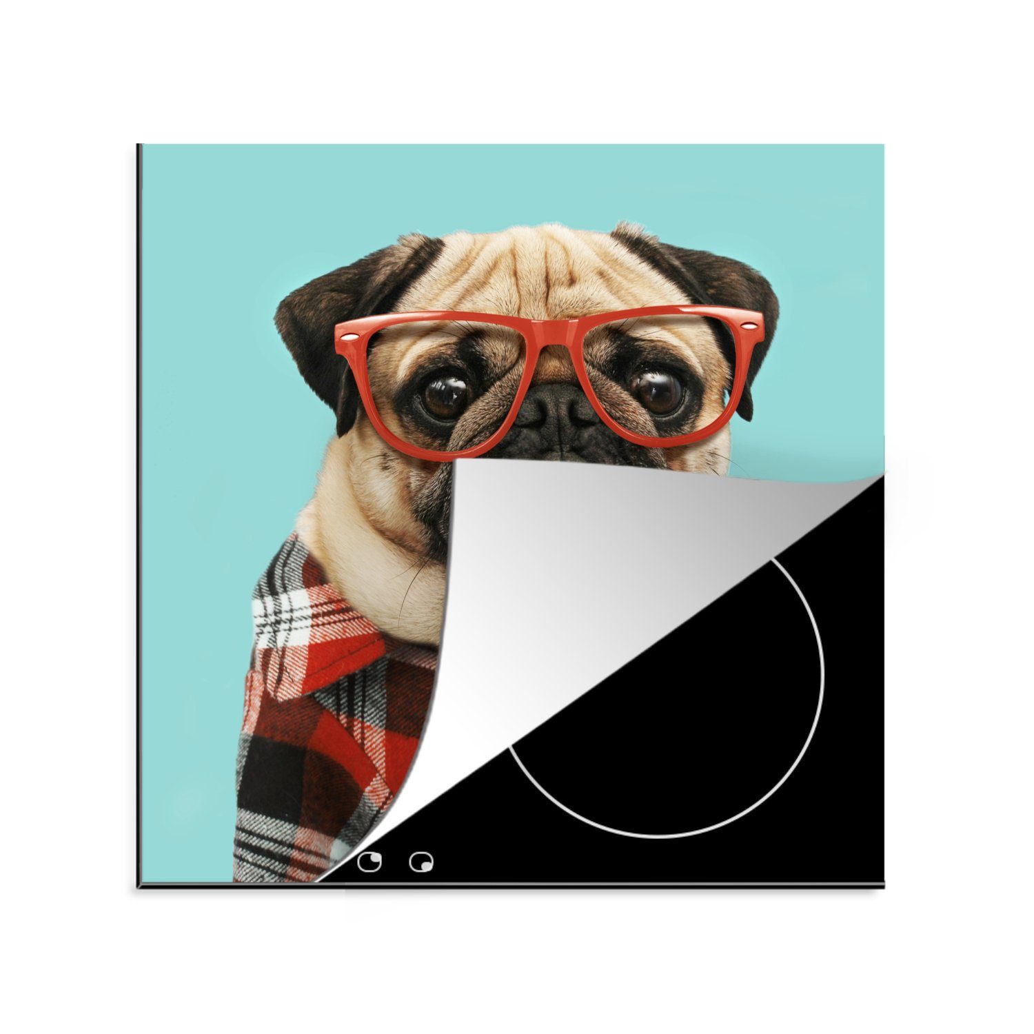 MuchoWow Herdblende-/Abdeckplatte Hund - Hipster - Brille - Bluse, Vinyl, (1 tlg), 78x78 cm, Ceranfeldabdeckung, Arbeitsplatte für küche