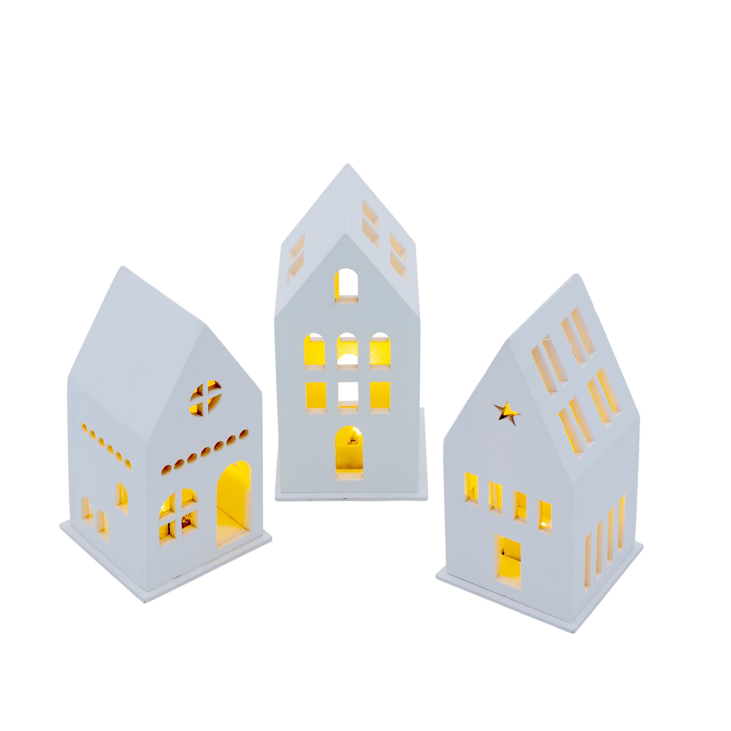 Weihnachtsdorf LED Holz Haus weiß Batterie betrieben 13 cm 3er Set