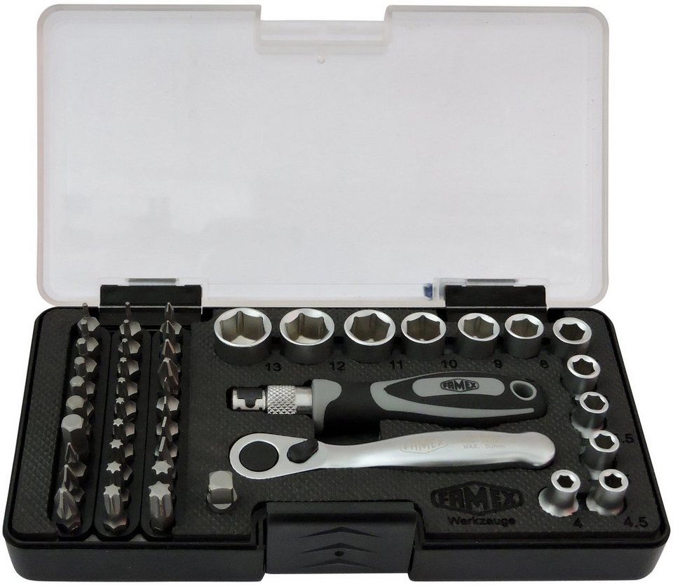 FAMEX Werkzeugset 595-45 Steckschlüsselsatz - Werkzeugbox mit Mini-Knarre  für Feinmechanik, Fahrrad, Smartphone und mehr!, (Steckschlüsselsatz,  45-St), TOP-Qualität