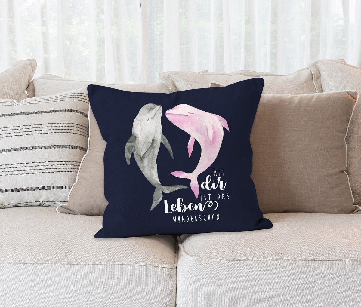 ist das Kissen-Bezug Liebe MoonWorks Kissen-Hülle wunderschön Dekokissen dir Leben Deko-Kissen Geschenk Delfin MoonWorks® Baumwolle Mit Spruch navy