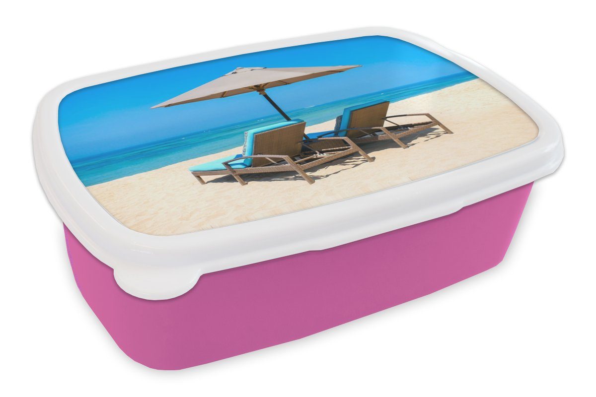 MuchoWow Lunchbox Strandkorb - Sonnenschirm - Sommer - Meer, Kunststoff, (2-tlg), Brotbox für Erwachsene, Brotdose Kinder, Snackbox, Mädchen, Kunststoff rosa | Lunchboxen