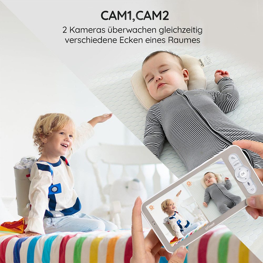 Boifun Video-Babyphone Babyphone mit 2 Kameras WLAN 5 Zoll Video Babyphone 2K/3MP PTZ 355°, Nachtlicht, 300m Reichweite, Zwei-Wege-Audio, 4X Zoom, 1-tlg., Weinen/Bewegungs/Geräuscherkennung, Automatische Verfolgung,unterstützt Mobile App Steuerung