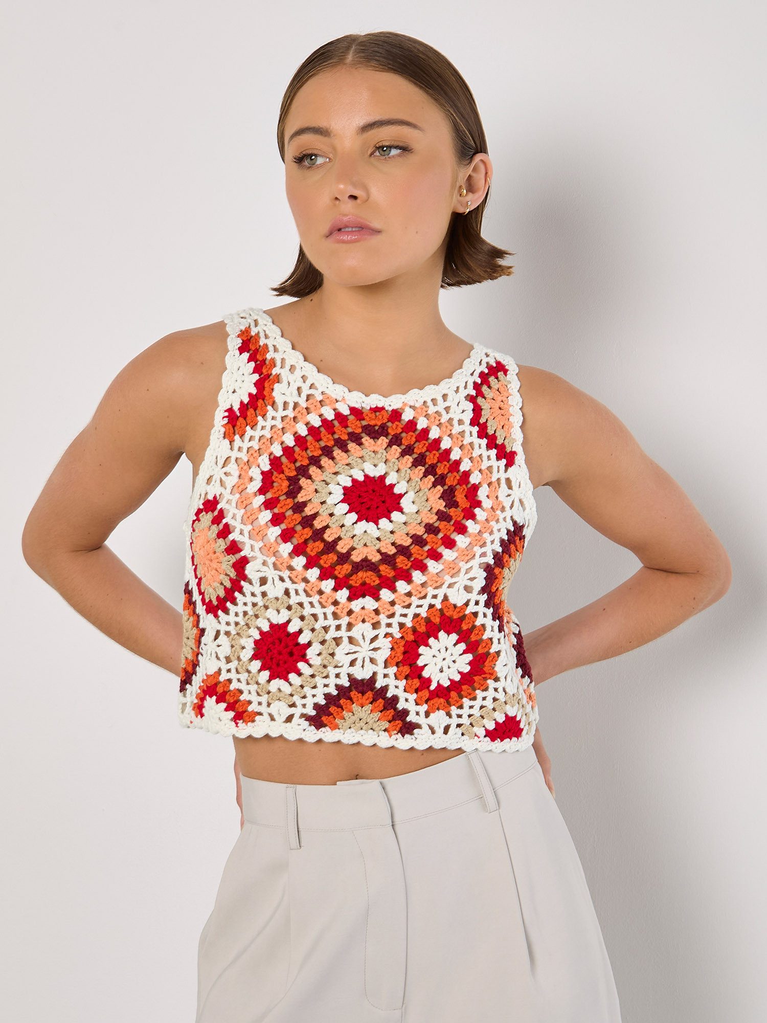 Apricot Crop-Top Diamond Crochet Crop Weste in Cop-Länge