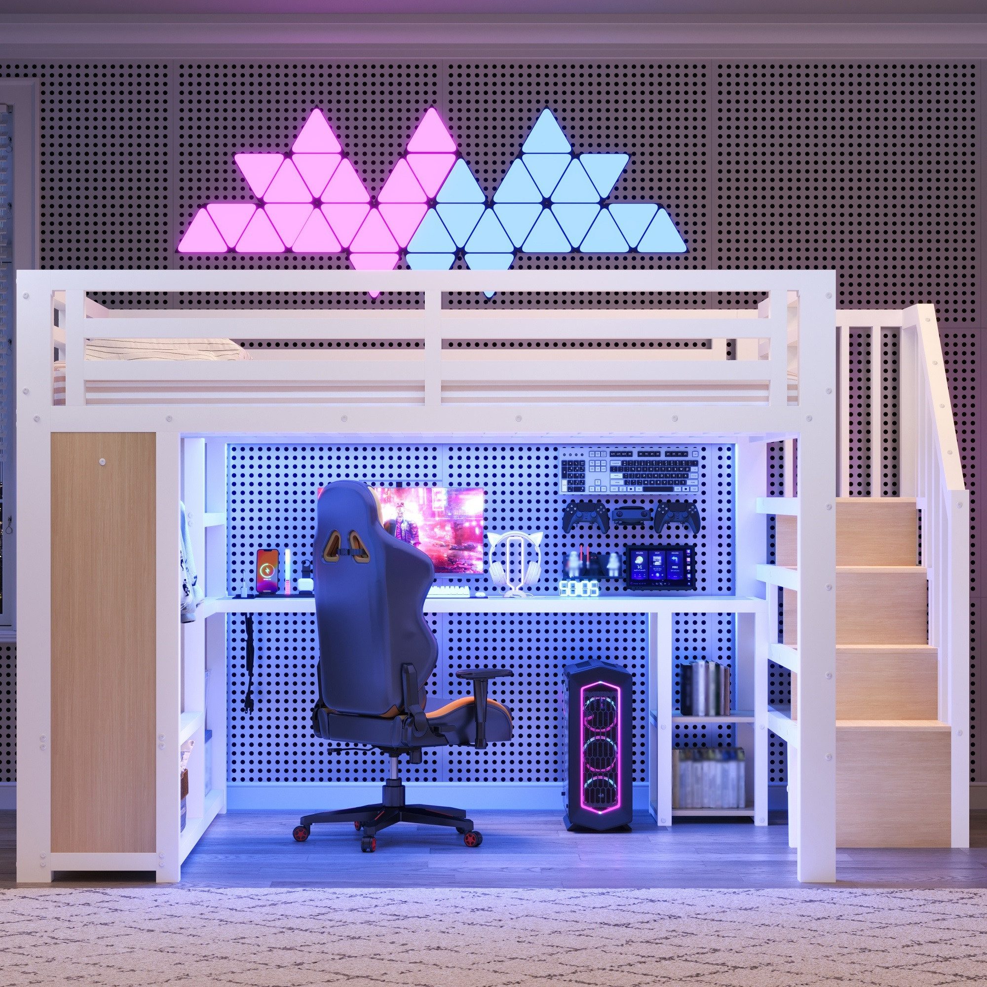Merax Hochbett mit LED-Beleuchtung & USB-Anschluss (Kinderbett Jugendbett, 1-St) Metallbett 140x200cm mit Schreibtisch Kleiderschrank Treppe Stauraum
