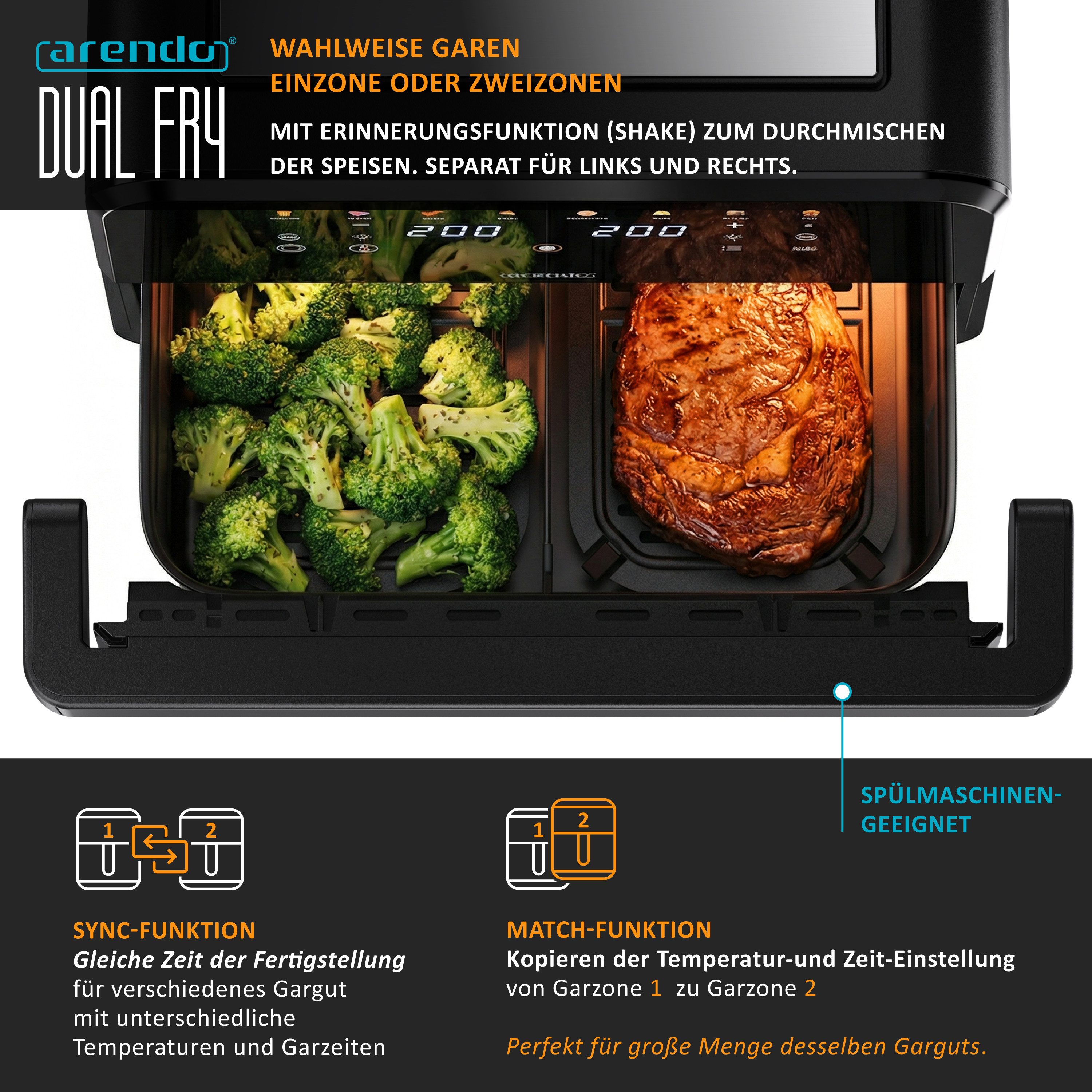 Arendo Heißluftfritteuse mit 2 Kammern Nebeneinander, XXL Doppelkammer Airfryer 12L, Dual Zone, 2600 W, mit Zubehör, Umluft Backofen, 80-200°C, fettarmes gesund – Bild 4 von 5