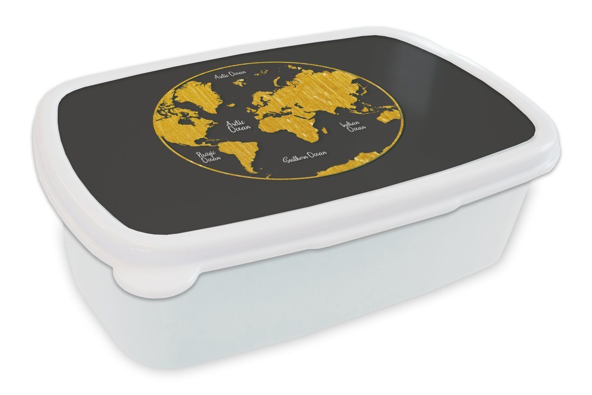 MuchoWow Lunchbox Weltkarte - Kreis - Gold, Kunststoff, (2-tlg), Brotbox für Kinder und Erwachsene, Brotdose, für Jungs und Mädchen weiß