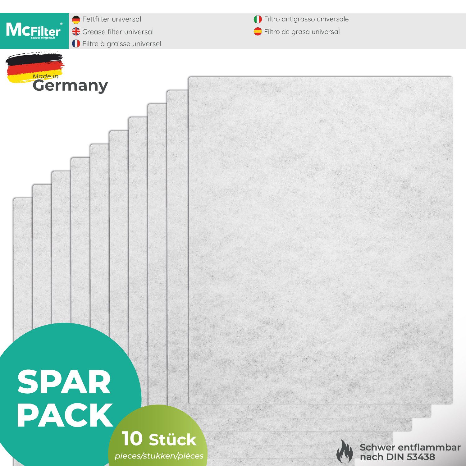 McFilter Fettfilter (10 Stück) Universal Dunstfilter Filter 57 x 47cm, Zubehör für alle handelsüblichen Dunstabzugshauben, extra speicherfähig, zuschneidbar, Schwer entflammbar nach DIN 53438