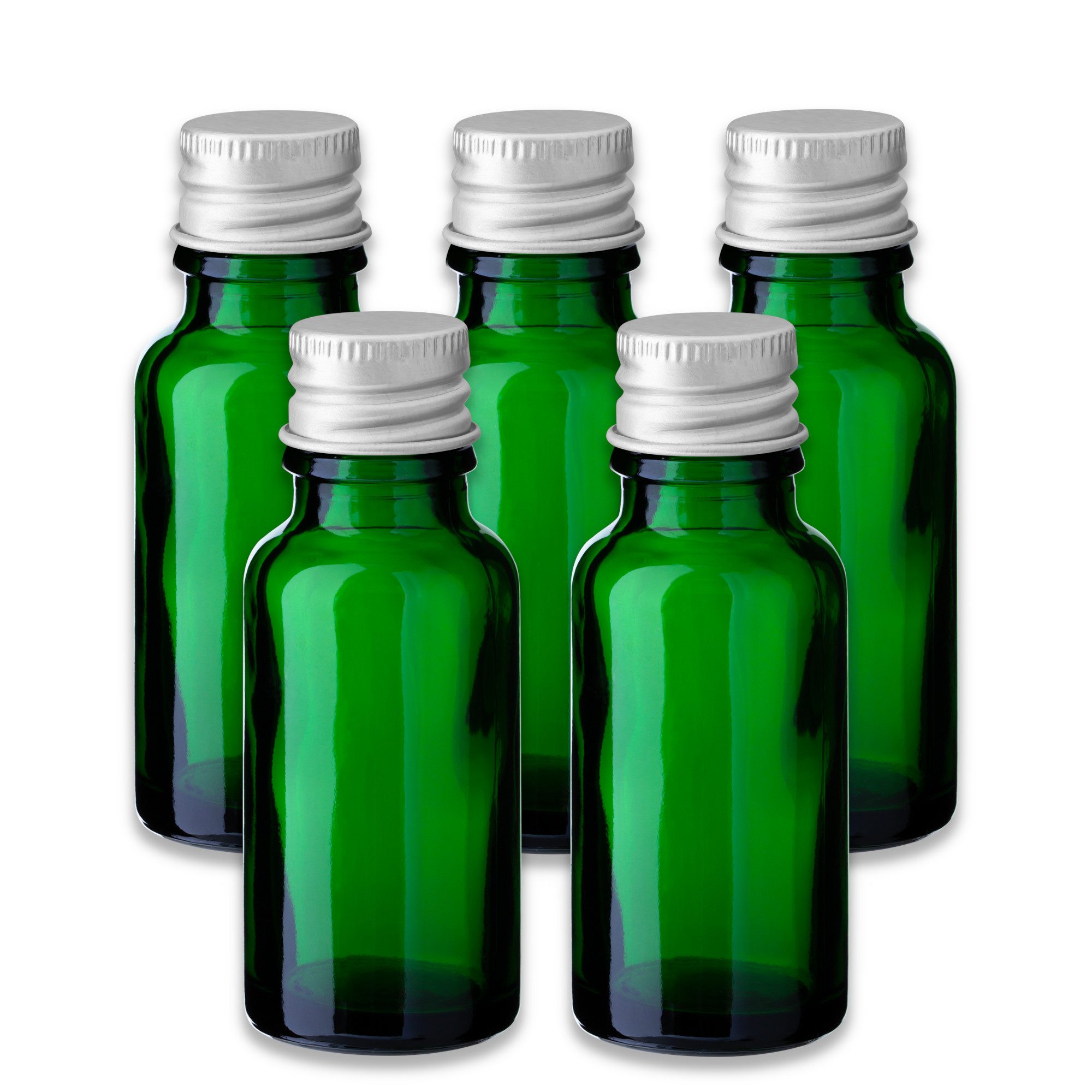 CK Verpackung GmbH Leerglas 5x Grüne Glasflasche 20 ml mit silbernem Aluminium-Schraubverschluss (Set x5)