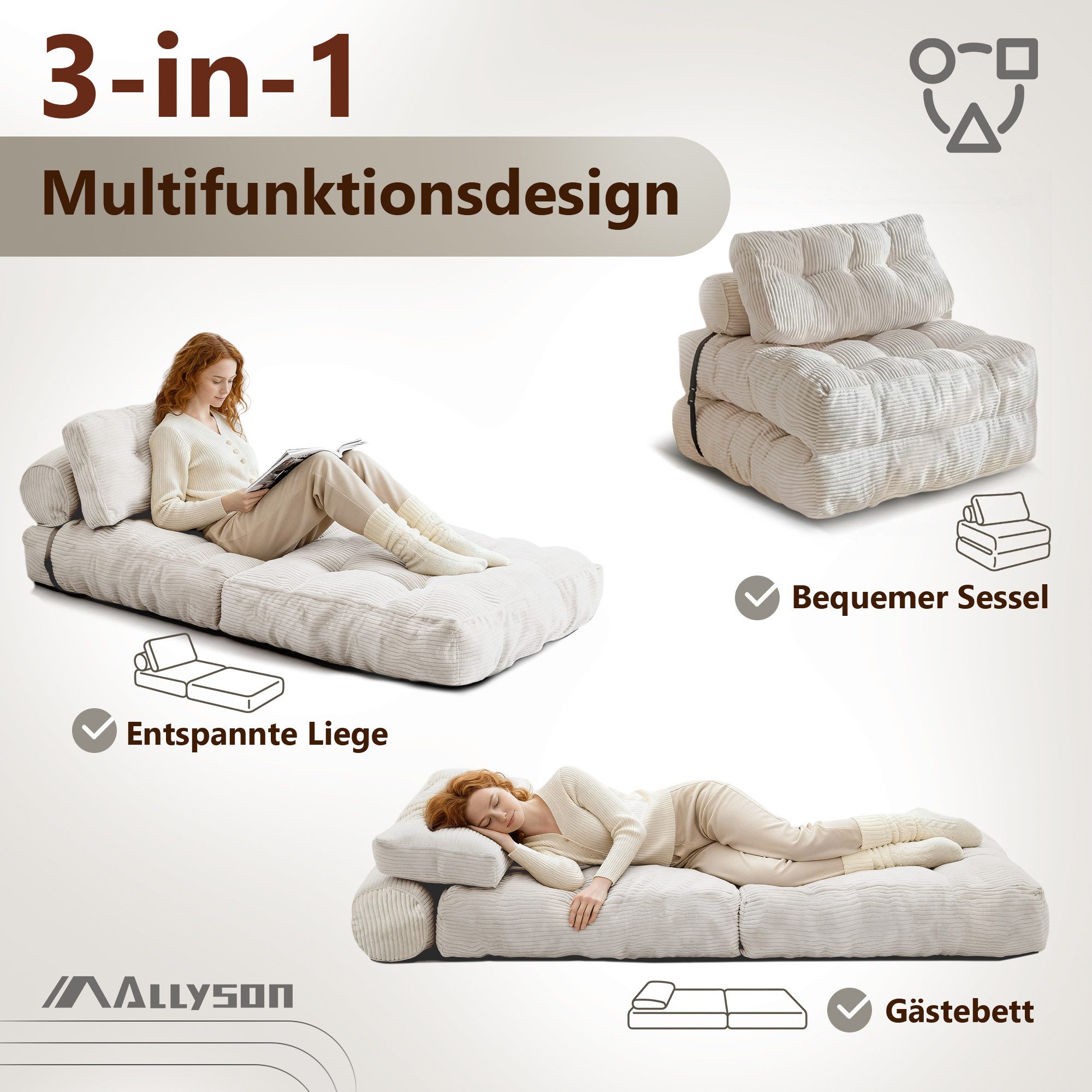Allyson Schlafsofa Faltbarer Schlafsessel, Klappsessel 3 in 1 Bodensofa mit Rückenstütze, Weicher Cord-Bezug, ergonomische Kissen & bequeme Schaumstoff-Füllung.