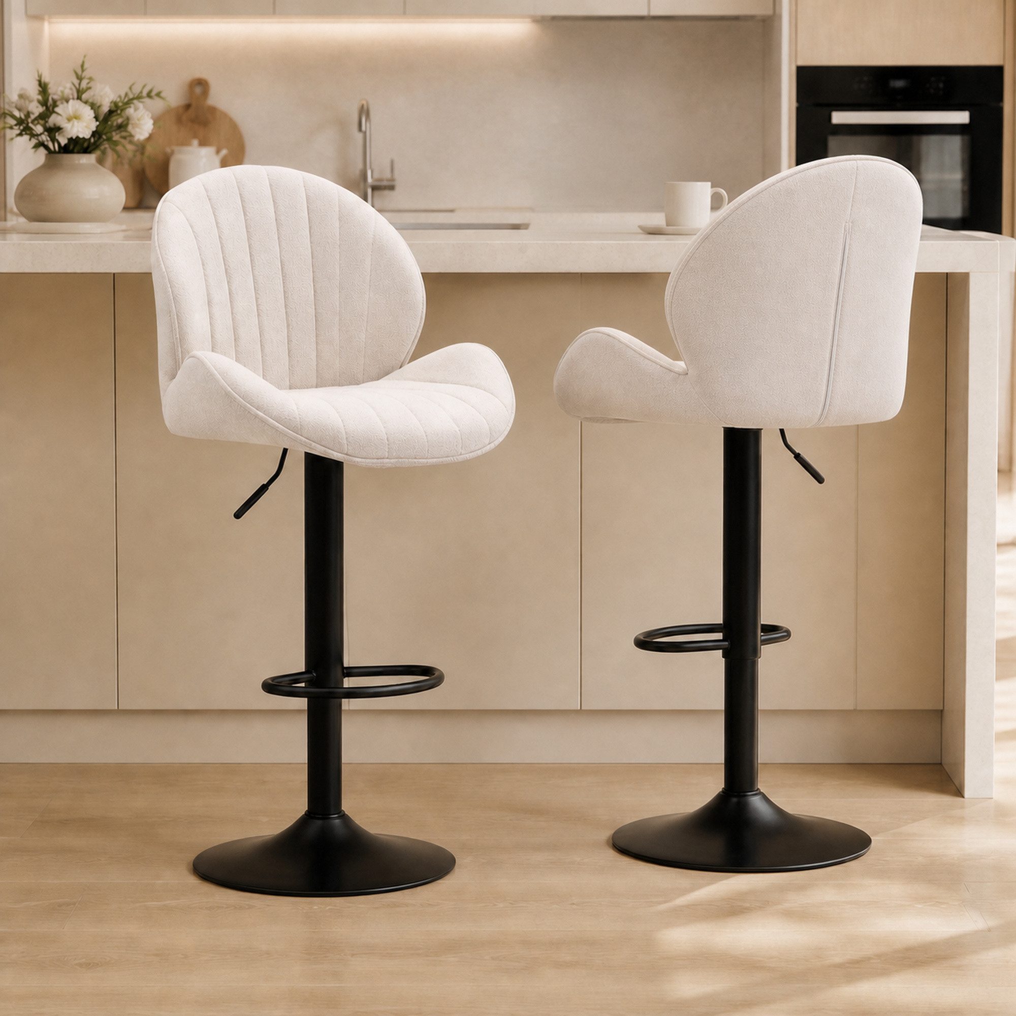HOMCOM Barhocker Höhenverstellbar Barstuhl mit Rückenlehne und Fußstütze (Drehbar Tresenhocker, 2 St., Rutschfest Hocker), mit Chenille-Optik, Beige