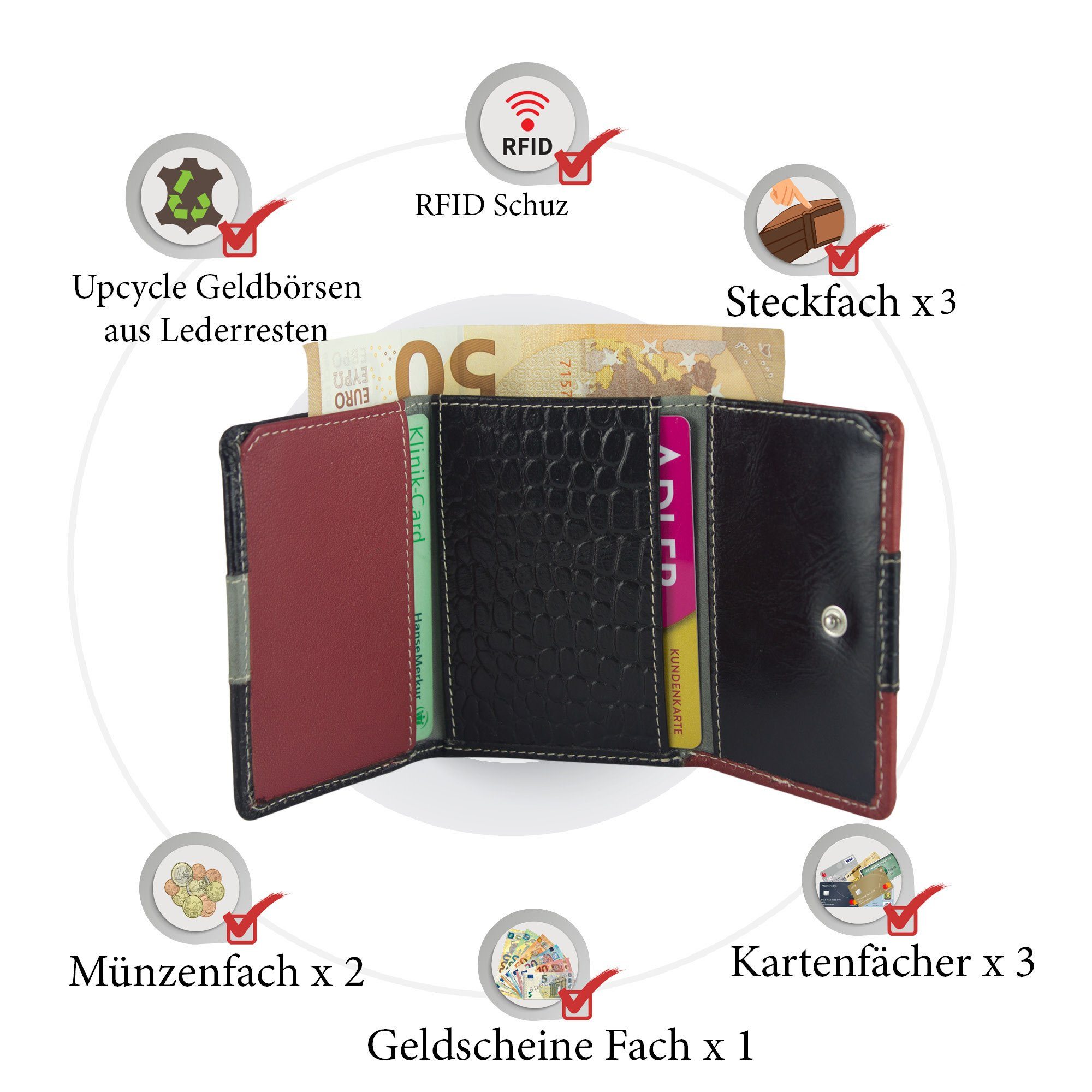 Sunsa Mini Geldbörse Portemonnaie RFID-Schutz, Geldbörse echt aus recycelten Brieftasche, Unisex Damen echt Lederresten, mit Leder Geldbeutel Leder, kleine rot/schwarz