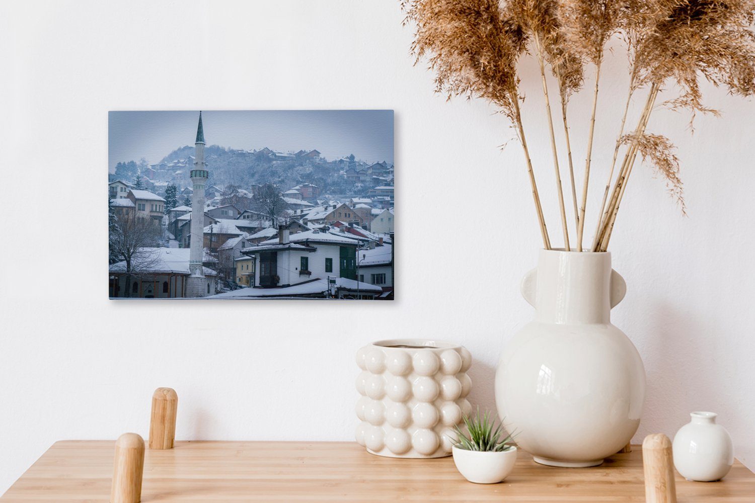 Wandbild Skyline Winterliche Leinwandbild OneMillionCanvasses® in Aufhängefertig, 30x20 Leinwandbilder, Wanddeko, St), (1 cm von Herzegowina, Bosnien Sarajevo und