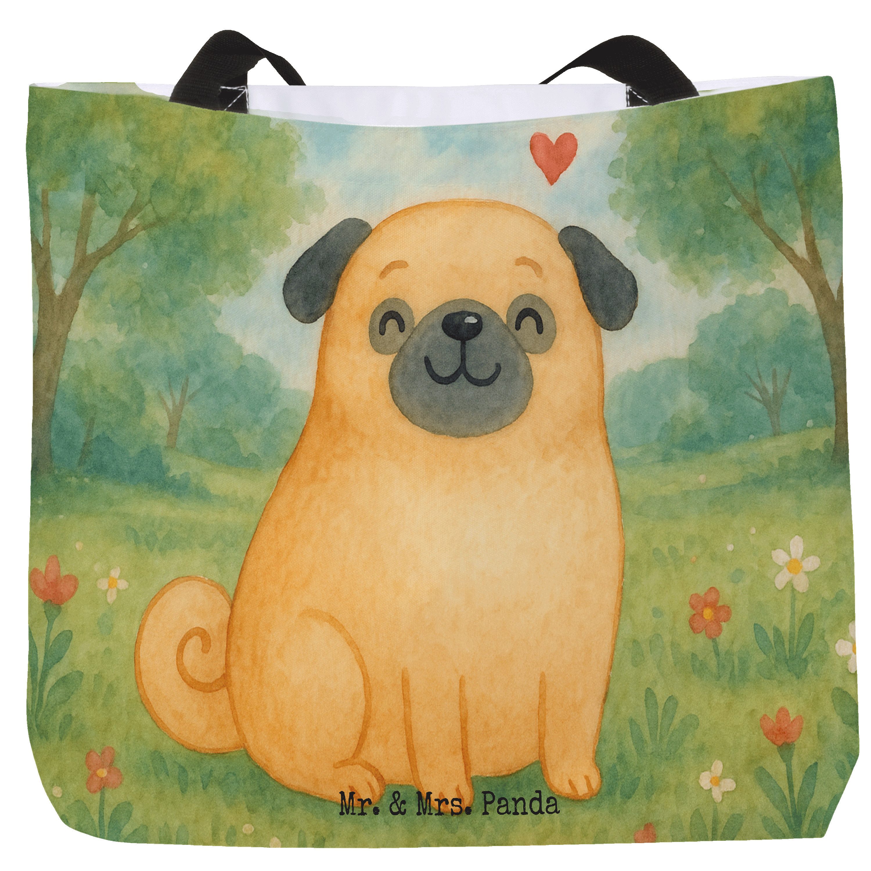 Mr. & Mrs. Panda Shopper Mops Design, Strandtasche, Weiß, Reisetasche, Knuffig, Hund, Laptopta (Packung), Schulbeutel Laptoptasche Einkaufstasche