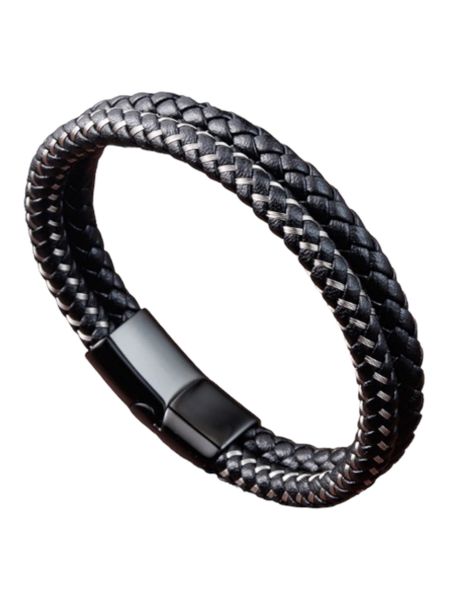 Lederarmband Herren Edelstahl 2 Reihig Draht Magnet Verschluss 21cm LBS211