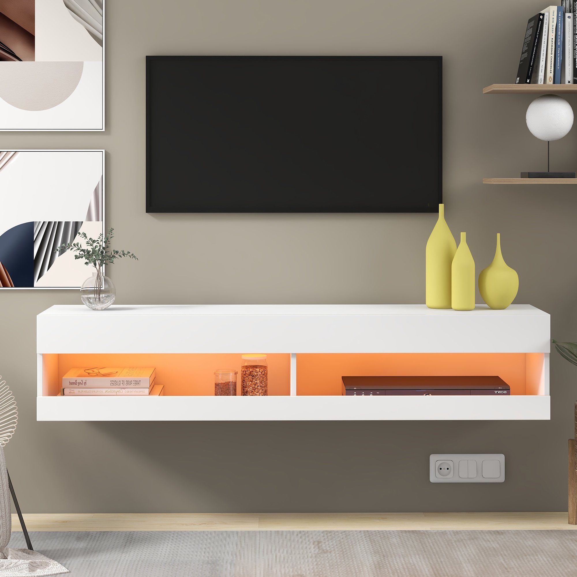 Lowboard, TV-Schrank mit LED-Belechtung, Breite 140 cm, stehend und hängend
