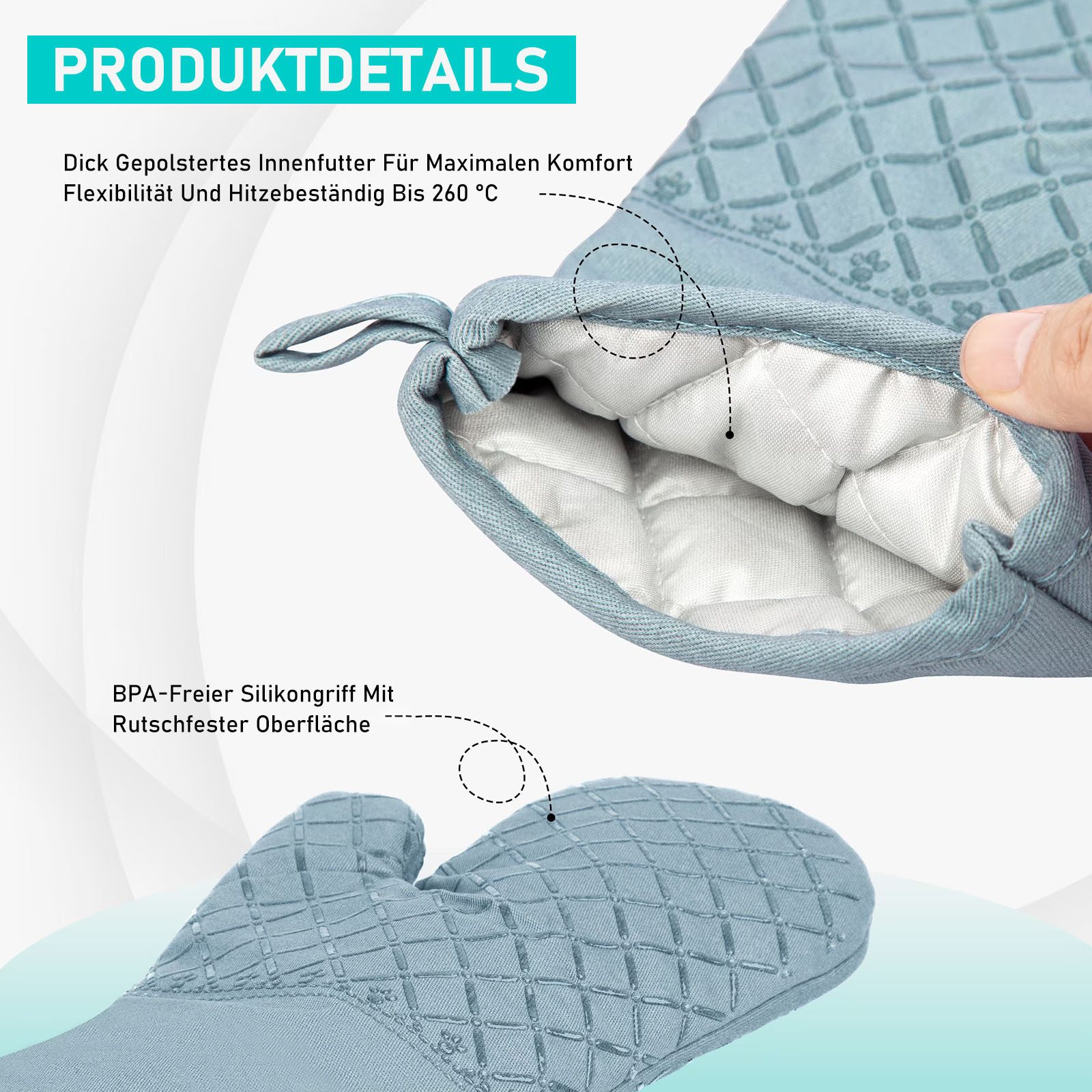HUGERSTONE Topflappen Topfhandschuhe Hitzebestaendig bis 260°C, Rutschfeste Backhandschuhe, (Set, 8-tlg, 2 x Ofenhandschuhe + 2 x Topflappen + 4 x Geschirrtuch), Verlängern Kochhandschuhe, Topflappen Set für Backen, Küche und Kochen