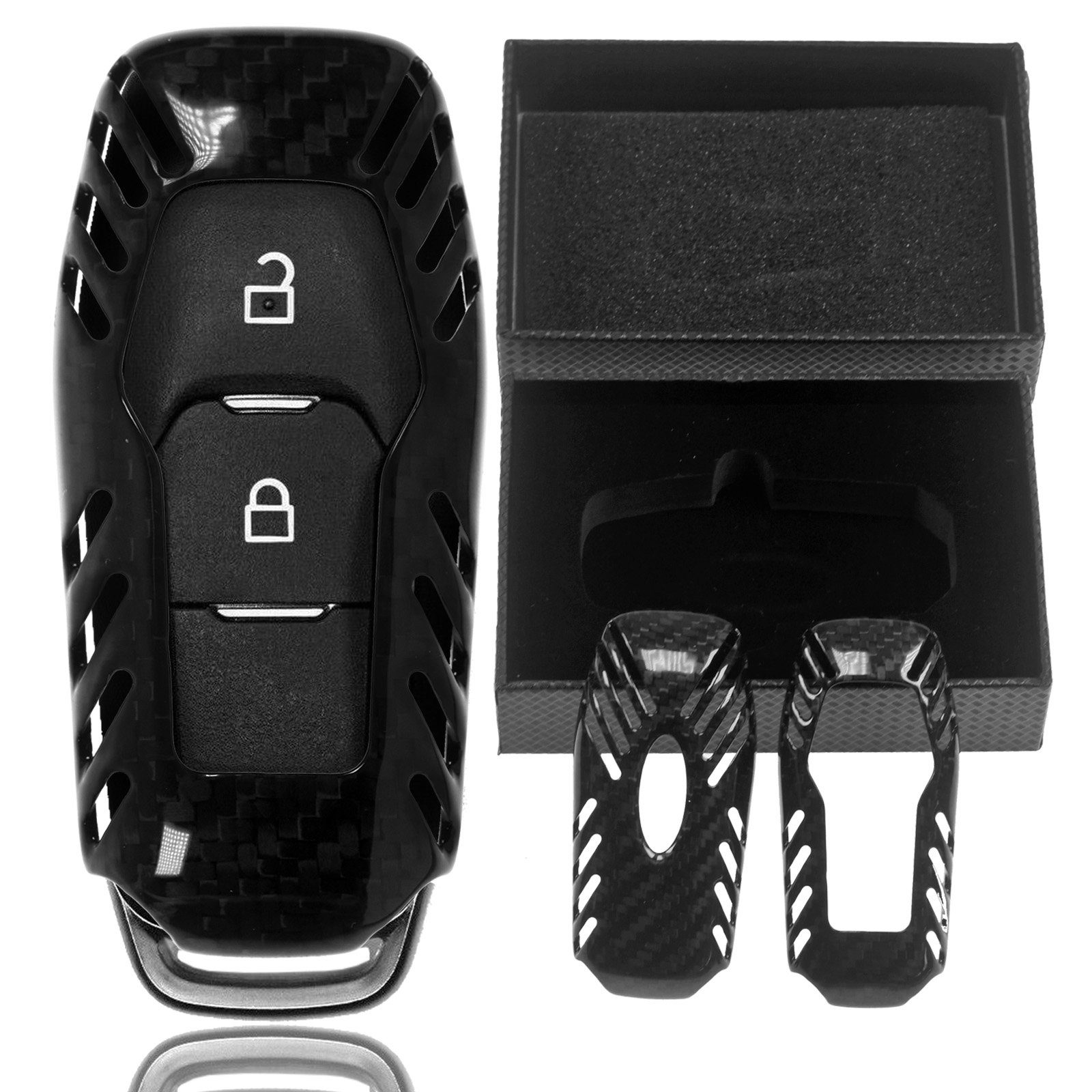 T-Carbon Schlüsseltasche Auto Schlüssel Echt Carbon Schutz Hülle Schwarz, für Ford Fiesta VII Mondeo V KA+ Grand C-Max KEYLESS SMARTKEY
