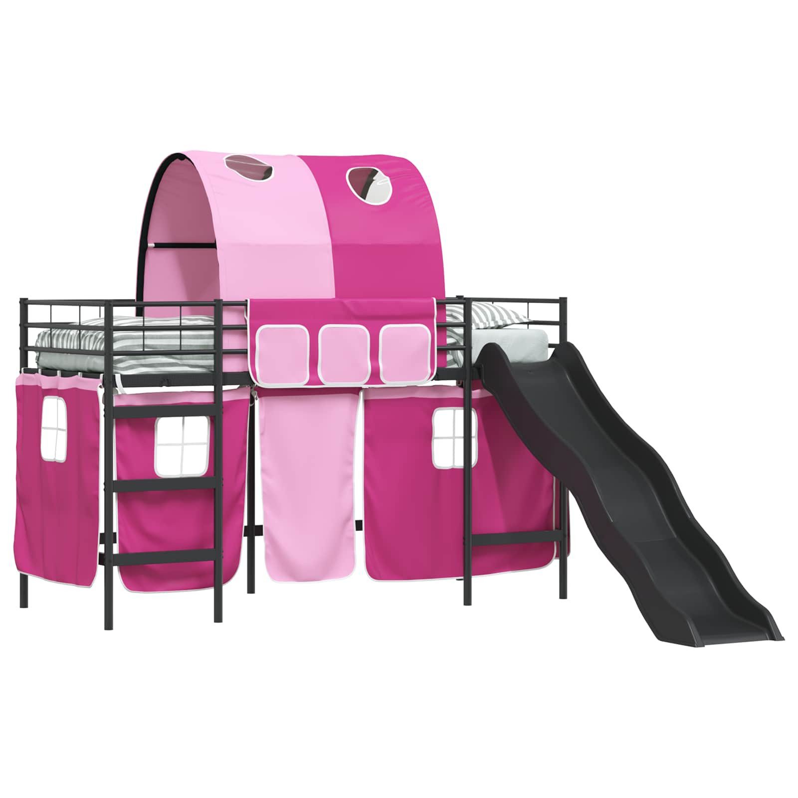 vidaXL Bett Etagenbett für Kinder mit Vorhängen Uni Schwarz und Pink Metall (1-tlg)