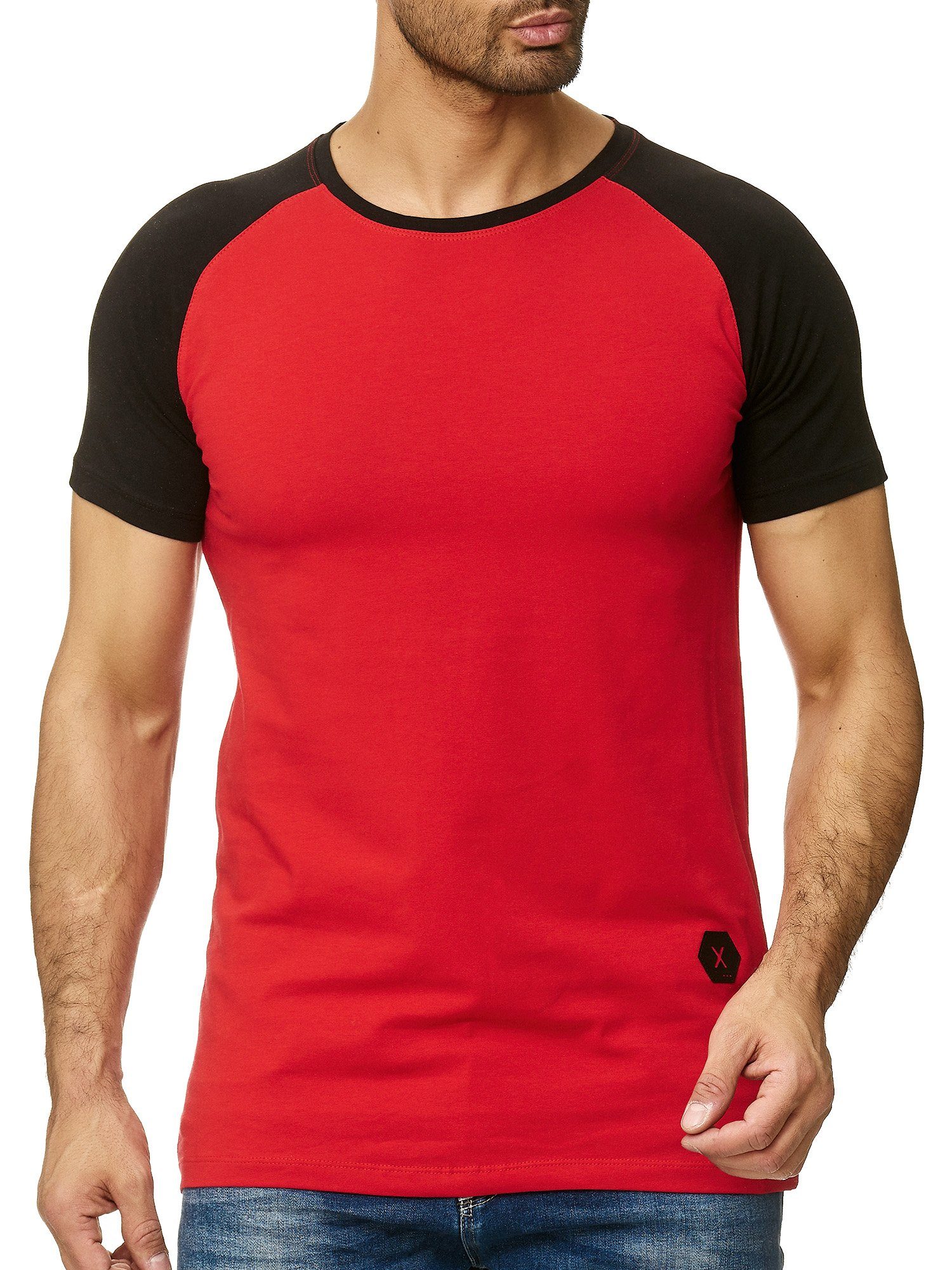 Casual 1302C Kurzarmshirt Schwarz Fitness modischem Freizeit Tee, 1-tlg., Polo Design) T-Shirt OneRedox Rot (Shirt im