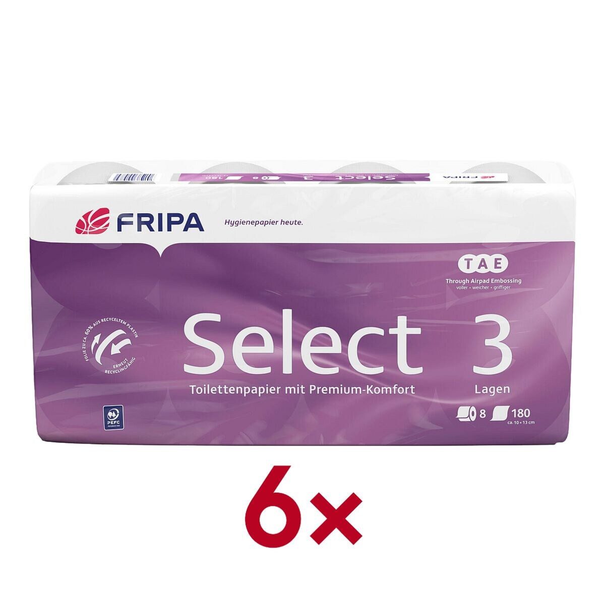 Fripa Toilettenpapier Select TAE® (48-St), 3-lagig, 6x 8 Rollen, 180 Blatt/Rolle, mit Prägung