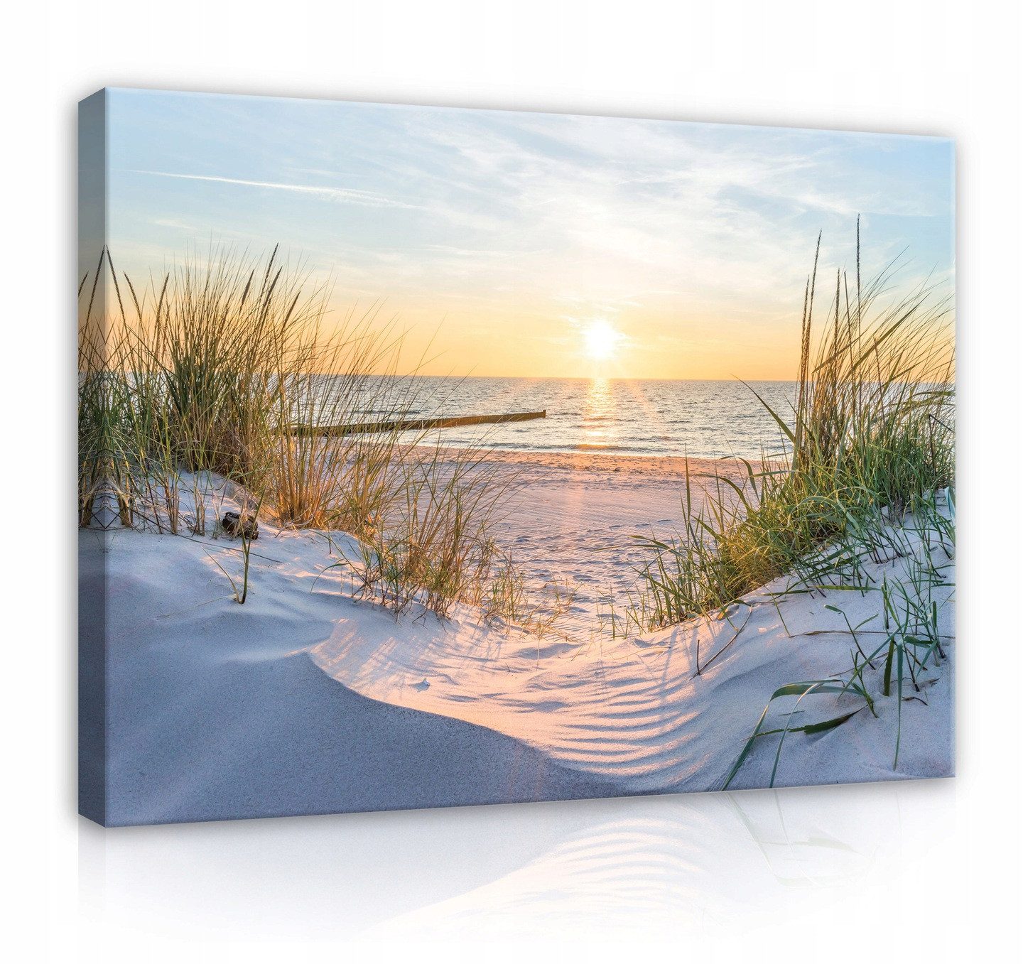 Wallarena Leinwandbild Strand mit Sonnenuntergang am Meer und Dünen für Wohnzimmer, Strand (1 St), mit Strandgras mit Holzrahmen mit Aufhängevorrichtung 60x40cm