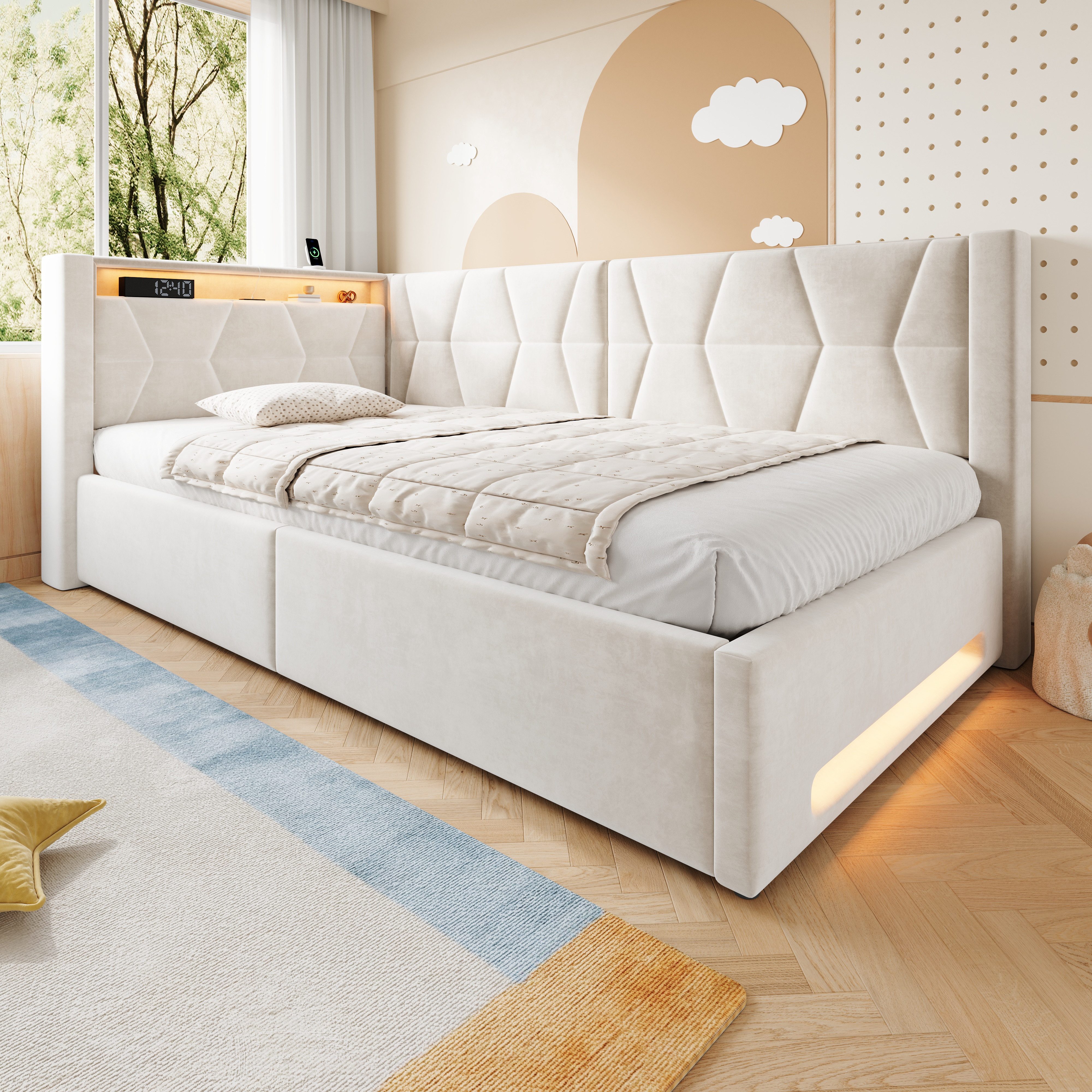 TavilaEcon Polsterbett Samtbett mit LED-Beleuchtung an Kopf- und Fußteil, USB & Type-C (1-tlg), mit Lattenrost, ohne Matratze, 90×200cm, beige