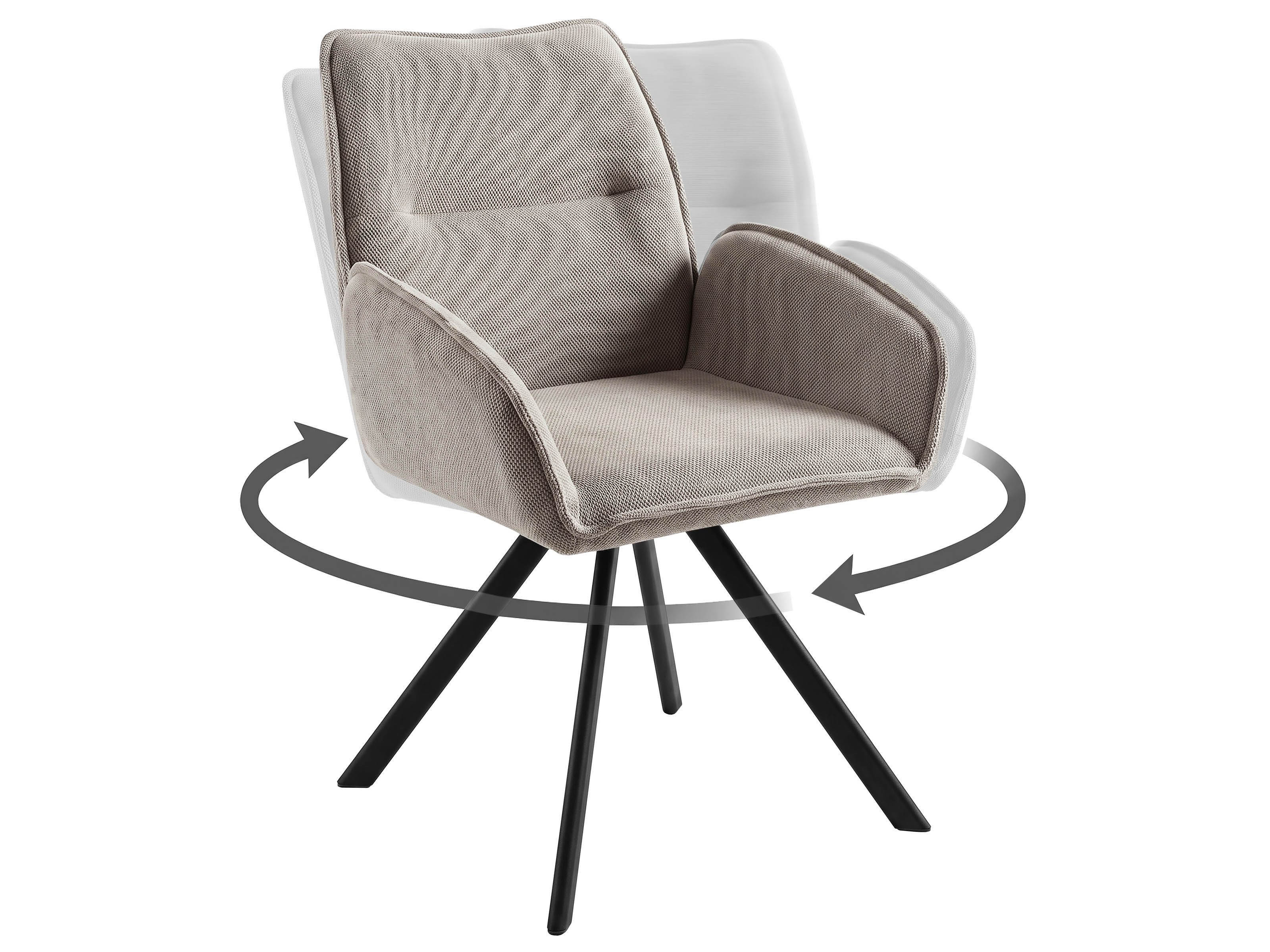 Beautysofa Drehstuhl Zerra Esszimmerstuhl 360° drehbar mit Armlehnen (gepolsterter Esszimmersessel aus Strukturstoff, 1 St), Drehstuhl mit schwarzem Metallgestell