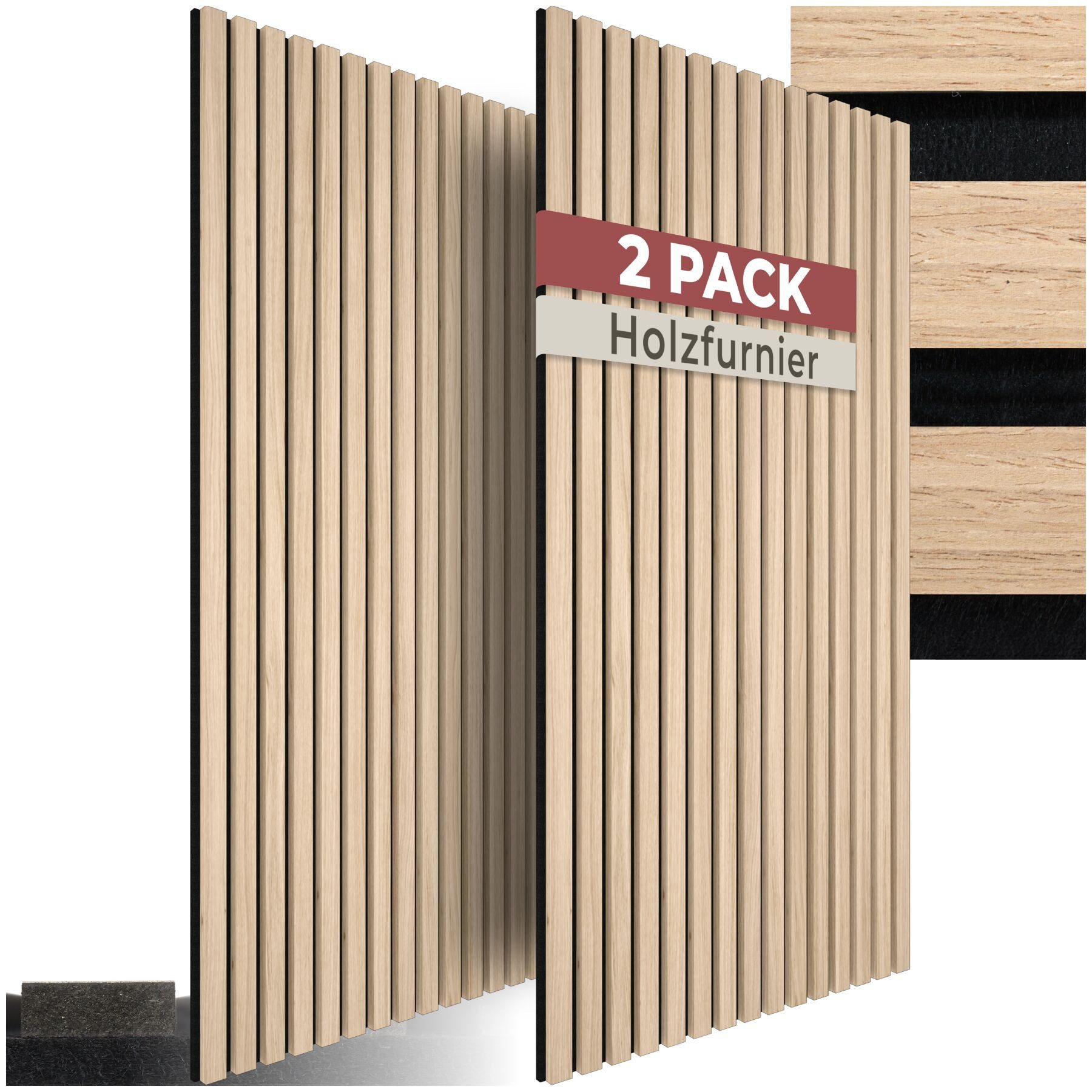 tectake Wandpaneel Akustikpaneele aus MDF und Echtholzfurnier - Eiche hell, BxL: 50x110 cm, 0.55000000000000004 qm, (Holzpaneele Sonic Wall II, 2-tlg., Größe flexibel anpassbar) schallabsorbierender Filz, einfache Montage mit Kleber oder Schrauben