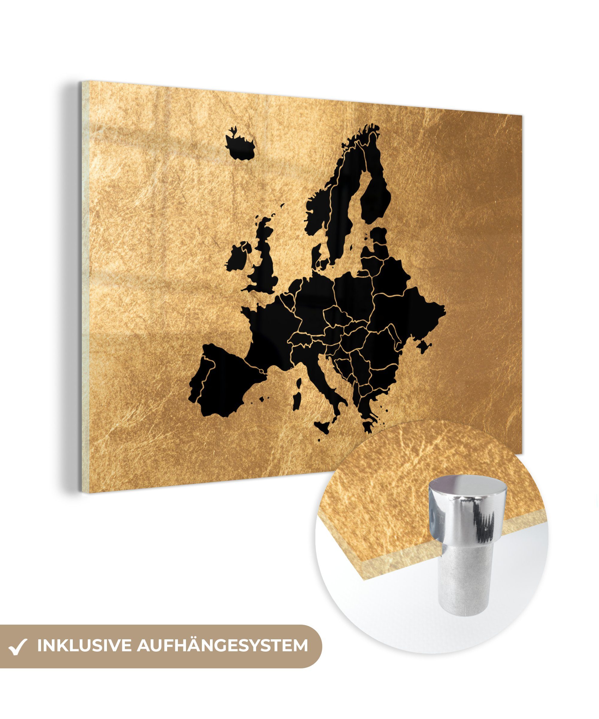 MuchoWow Acrylglasbild Karte von Europa - Schwarz und Gold, (1 St), Acrylglasbilder Wohnzimmer & Schlafzimmer