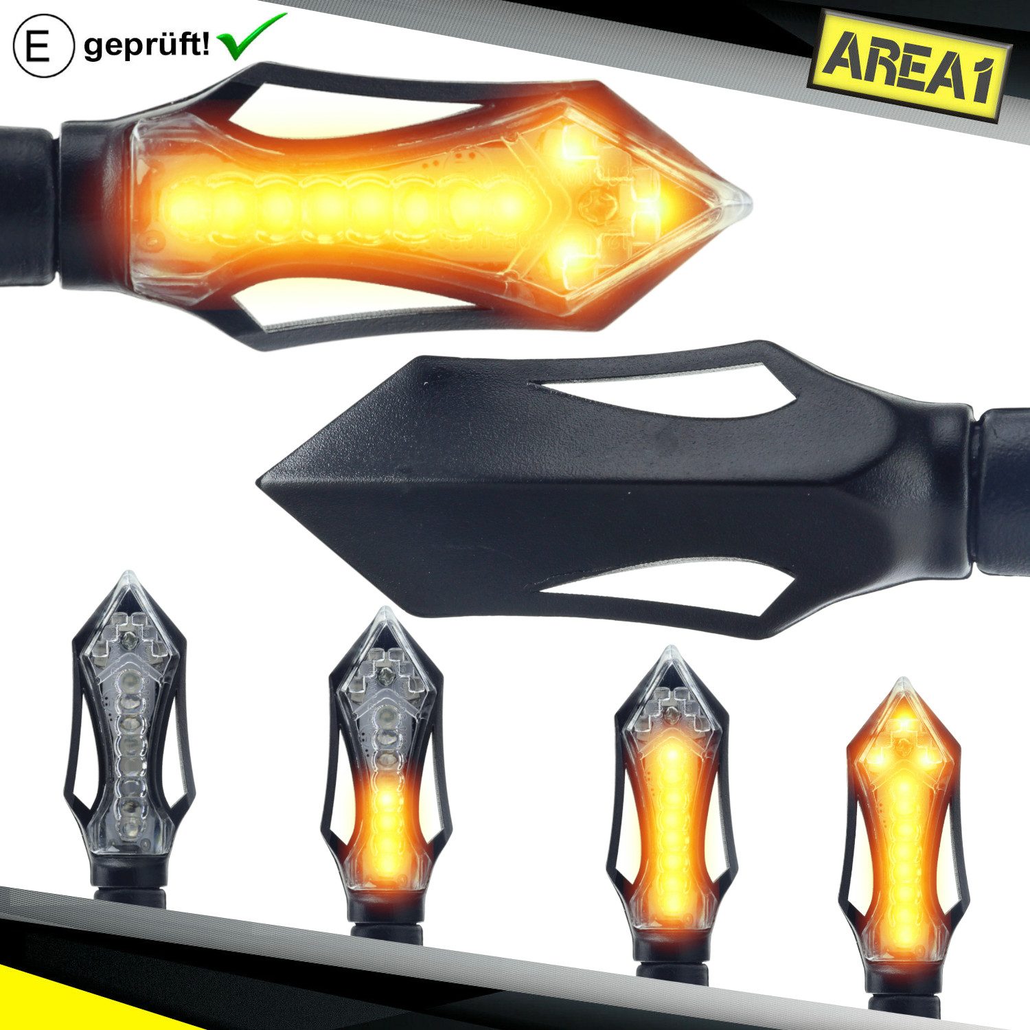 Blinker Area1 Motorrad LED Blinker E-geprüft Set (2) M8 mit Lauflichteffekt