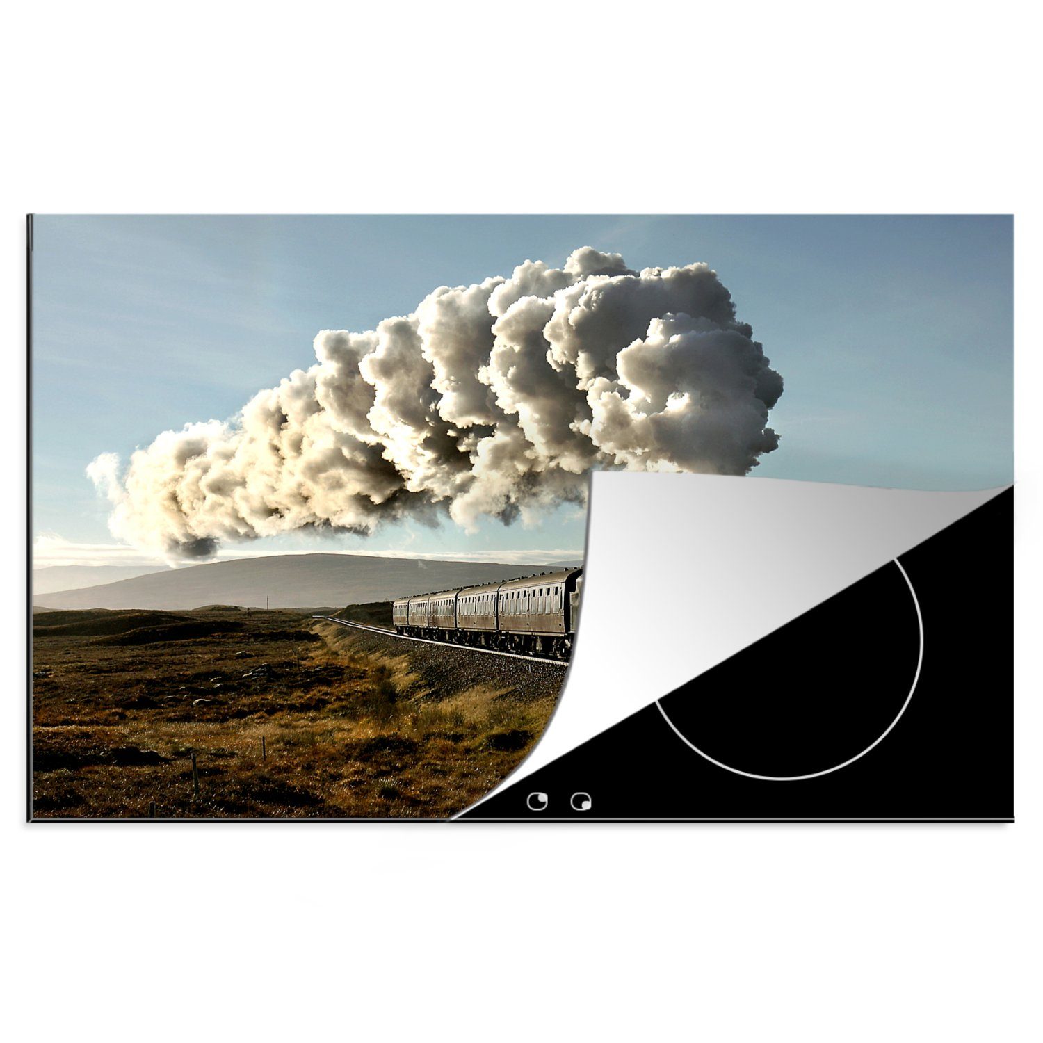 MuchoWow Herdblende-/Abdeckplatte Eine Dampflokomotive fährt durch eine zerklüftete Landschaft, Vinyl, (1 tlg), 81x52 cm, Induktionskochfeld Schutz für die küche, Ceranfeldabdeckung