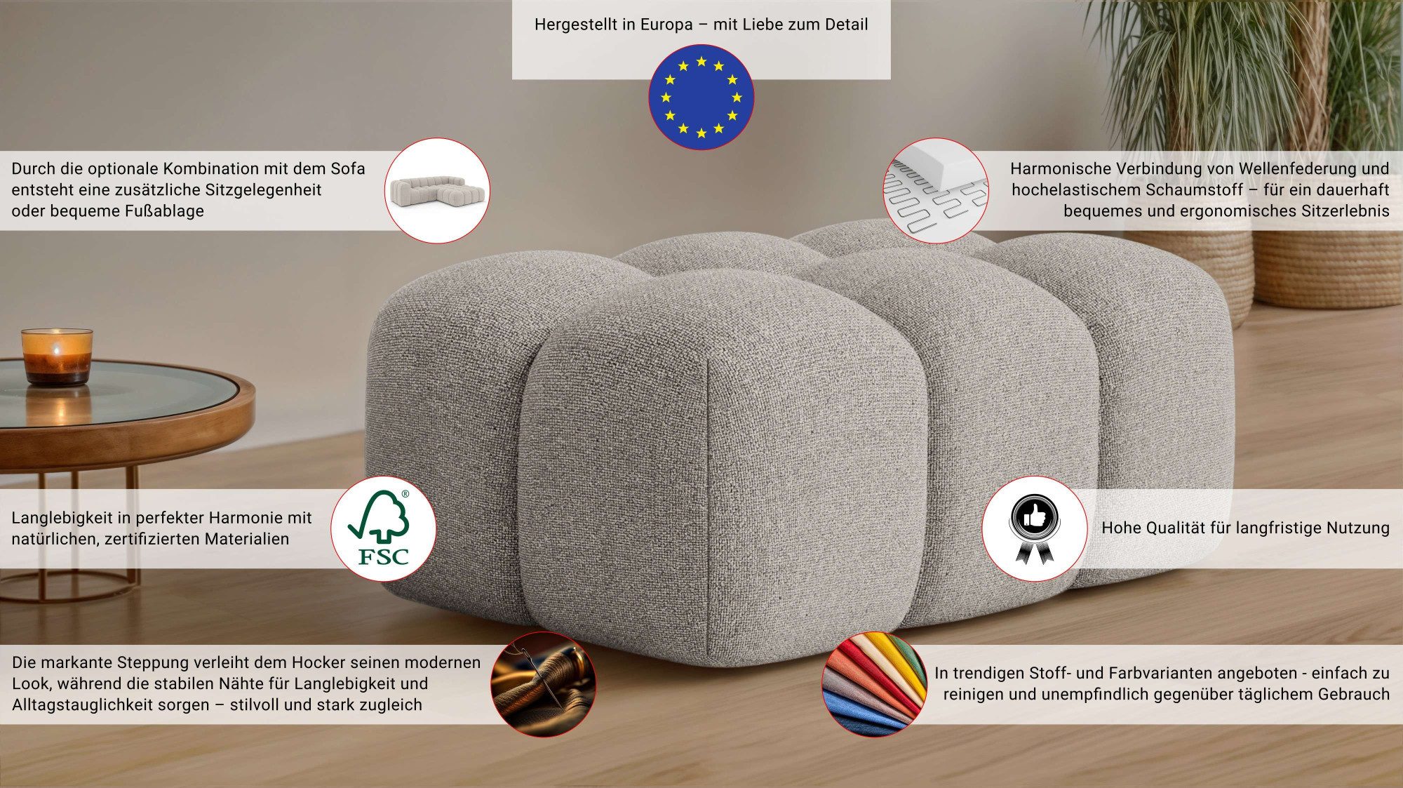 OTTO home Polsterhocker KALLIE Sitzhocker, Bubble-Optik, Maße B/T/H: 90/60/44 cm, moderne Steppung, hoher Sitzkomfort und modernes Design