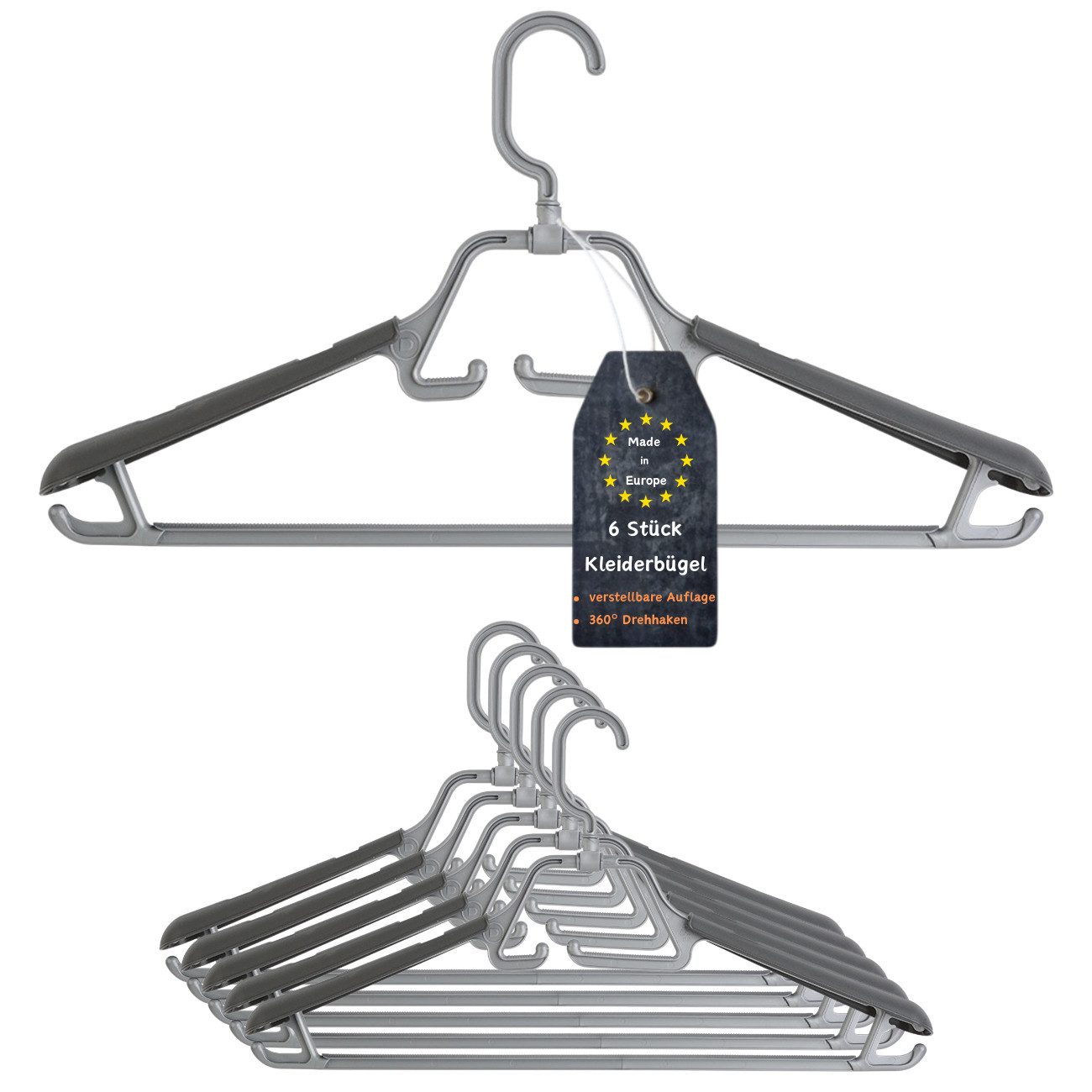 Engelland Kleiderbügel mit drehbarem/einklappbarem Haken sowie ausziehbarer Schulterauflage, (Vorteils-Set, 6-tlg), rutschfest, stabil, Kunststoff, für Mäntel, Hosen, Blusen, Anzüge uvm.
