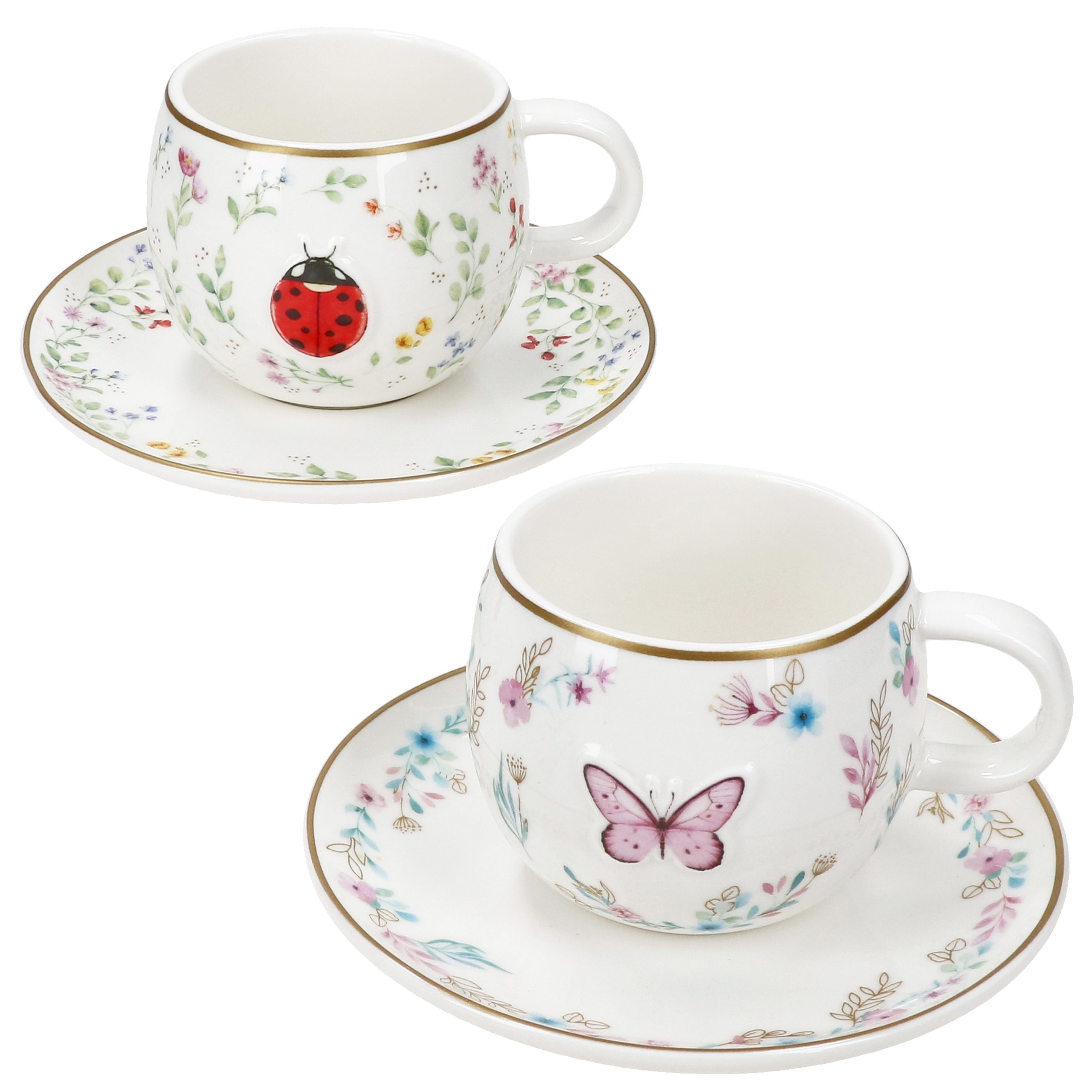 MamboCat Tasse MamboCat Fancy Garden Marienkäfer&Schmetterling 2er Set Espressotasse, Porzellan