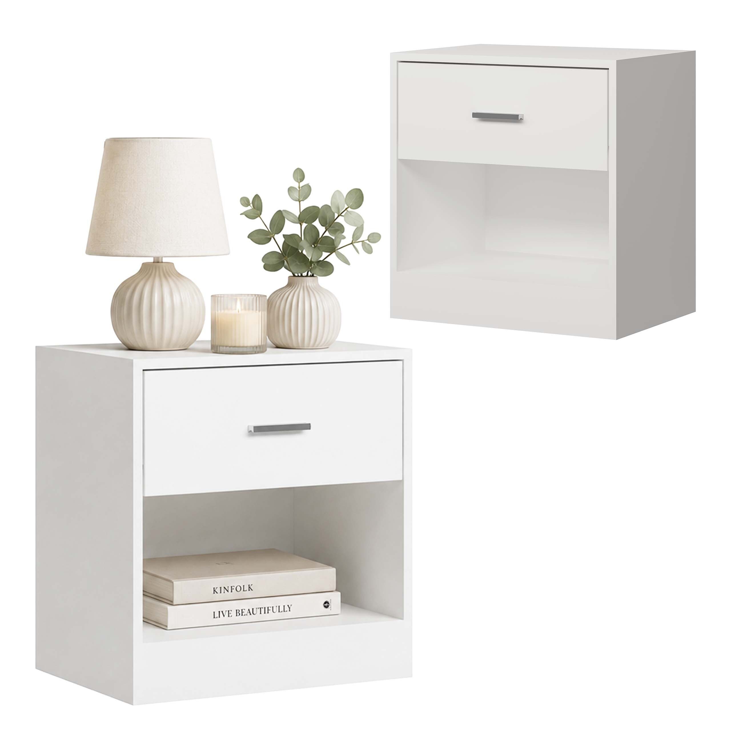 relaxdays Nachtschrank Nachttisch mit Schublade (2-St) weiß, 2er-Pack