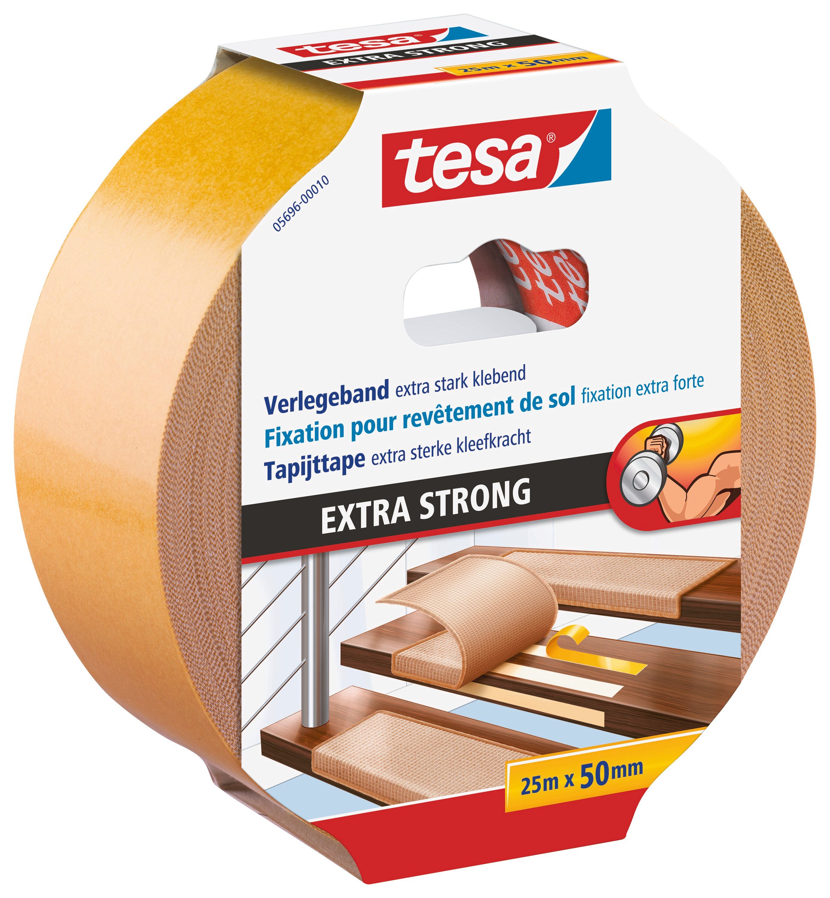 tesa Doppelklebeband EXTRA STRONG Verlegeband (Packung, 1-St) doppelseitiges Gewebeklebeband - zum Verlegen von Teppich & PVC-Boden