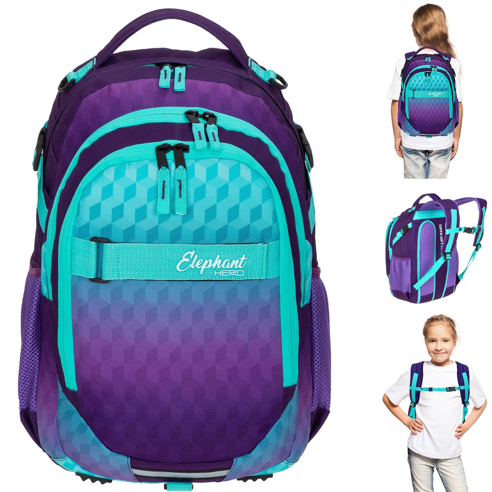 ELEPHANT Schulrucksack Hero Signature Schultasche Digital Ready Set (4 Teile Schulrucksackset, 4-tlg., inkl. Mäppchen Box + Laptop Hülle Sleeve + 31 Teile Stifte), Rucksack Schulmappe Jungen Mädchen +rmlv