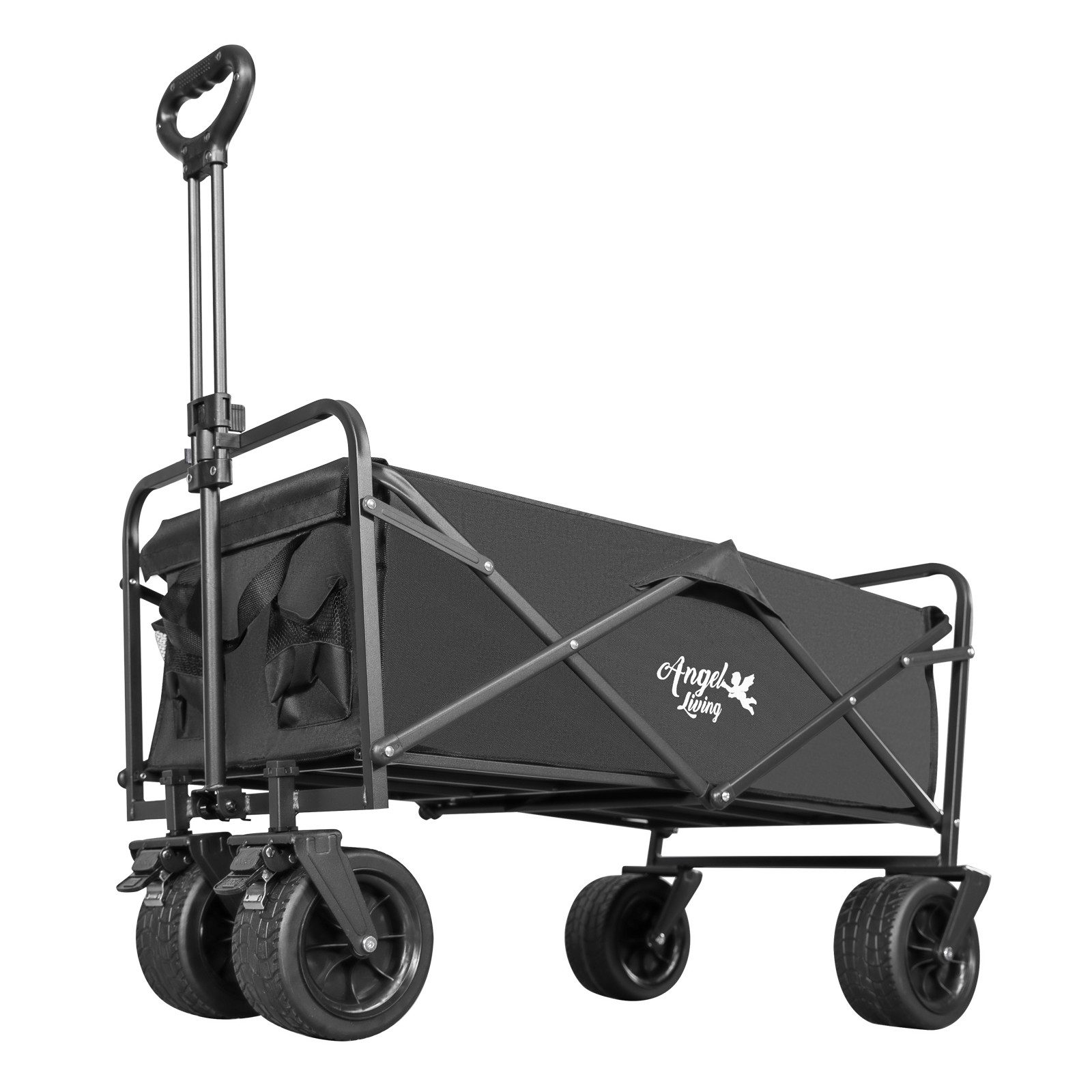 Angel Living Bollerwagen Klapp-Campingwagen, schwerlastgeeignet, 150 kg Tragfähigkeit (1-tlg), Carbon-Stahlrahmen, 600D Oxford-Stoff, Geländereifen & Getränkehalter