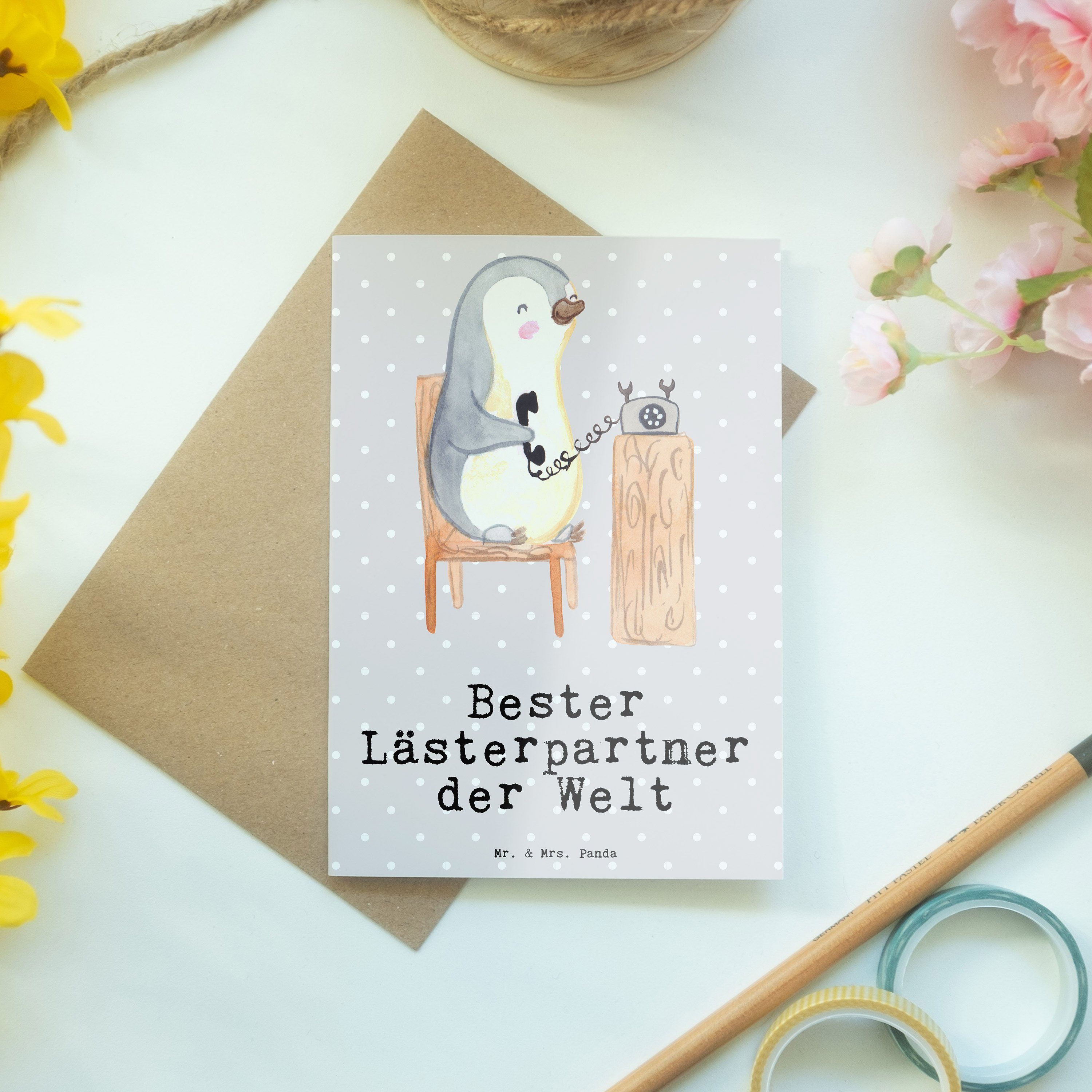 Mr. & Mrs. Panda Grußkarte Welt - Pinguin Geschenk, Pastell - Bester der Klap Lästerpartner Grau