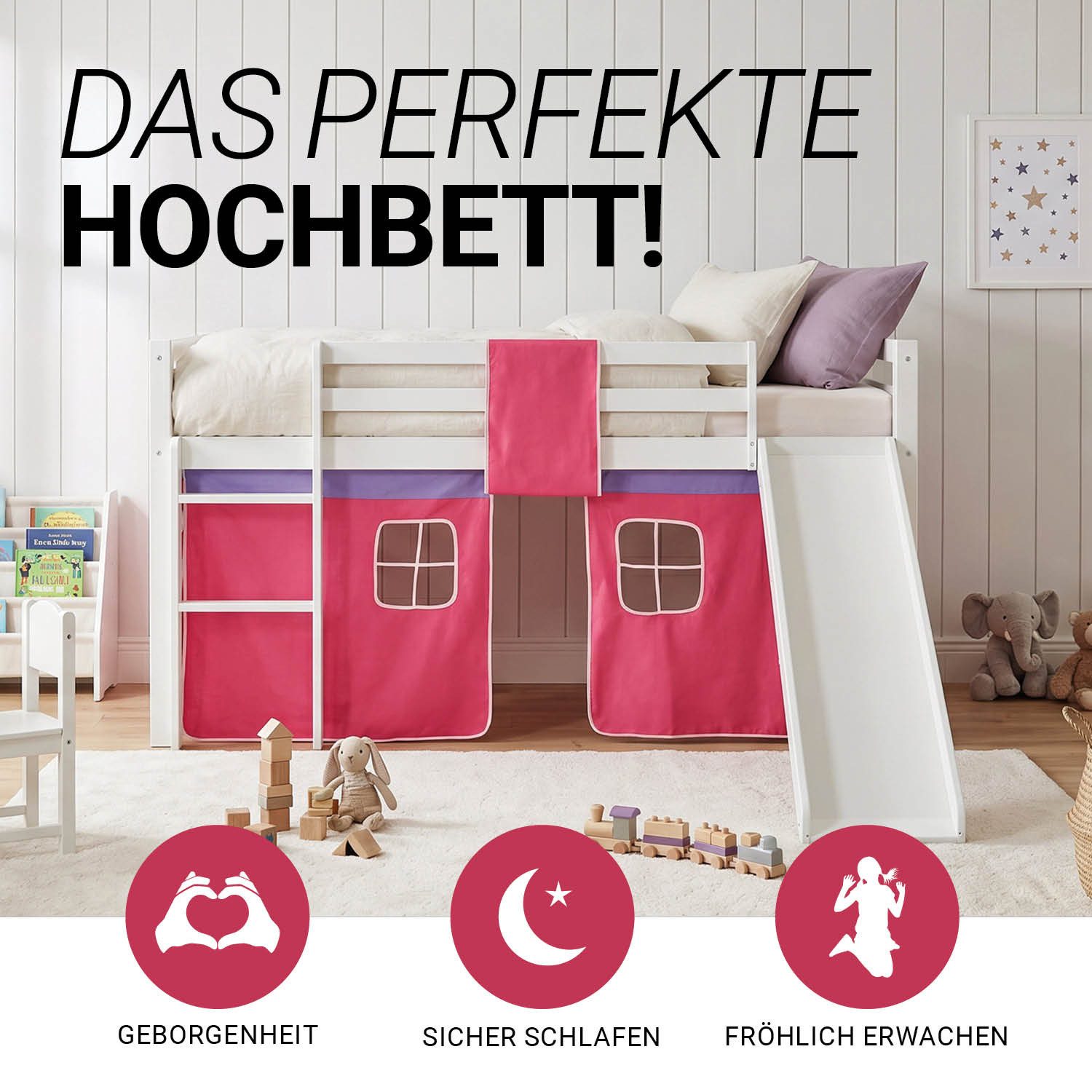 Homestyle4u Hochbett 90x200 cm Kinderbett Weiß mit Vorhang Pink (Set, mit Rutsche, Mädchen, Spielbett) Kiefer, Jungen Mädchen