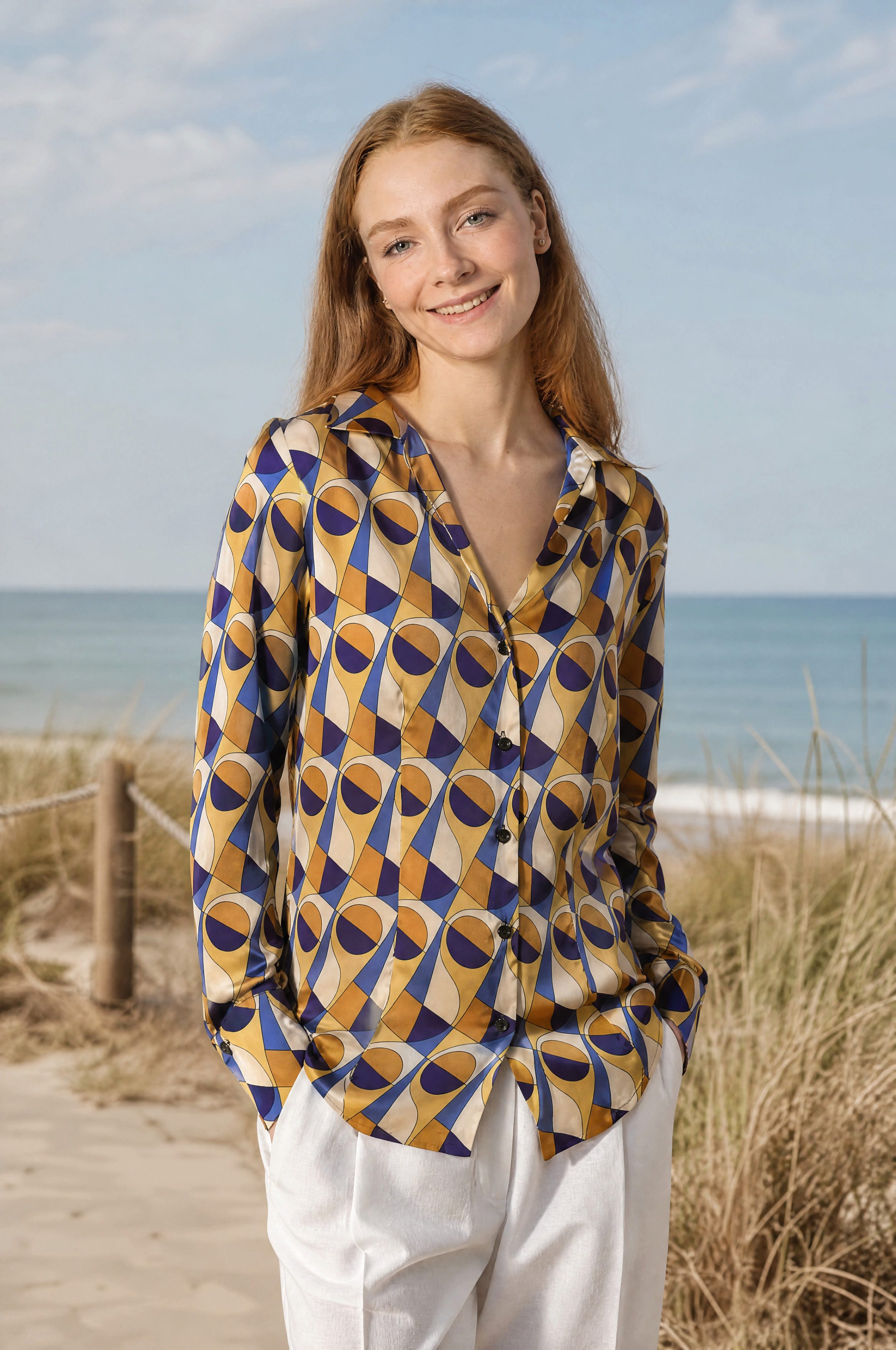 NADINE H Hemdbluse Sommerbluse mit All-Over print in Ochre mit V-Ausschnitt modern