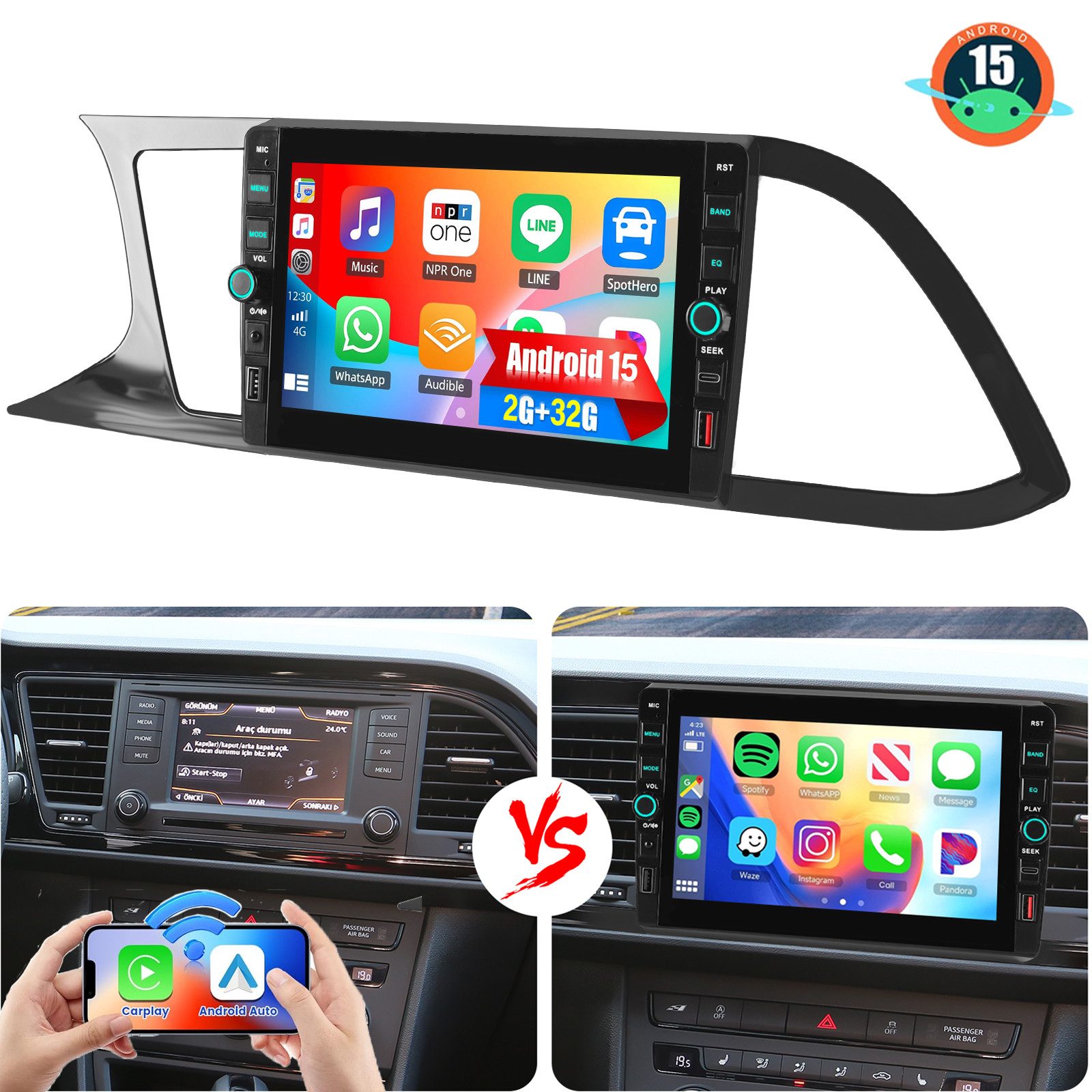 ESSGOO Für Seat LEON 5F1 2012-2019 Android 15 Autoradio GPS Navi WIFI Carplay Autoradio (RDS, 4+64GB(optional), Digitalradio (DAB), FM, Apple Carplay Android Auto GPS Navi WIFI BT EQ mit USB- und Type-C)