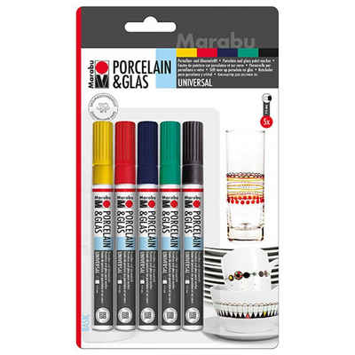 Marabu Malstift Porcelain & Glas Painter 1-2mm Basic Set mit 5 Farben, Porzellanmalstift auf Wasserbasis