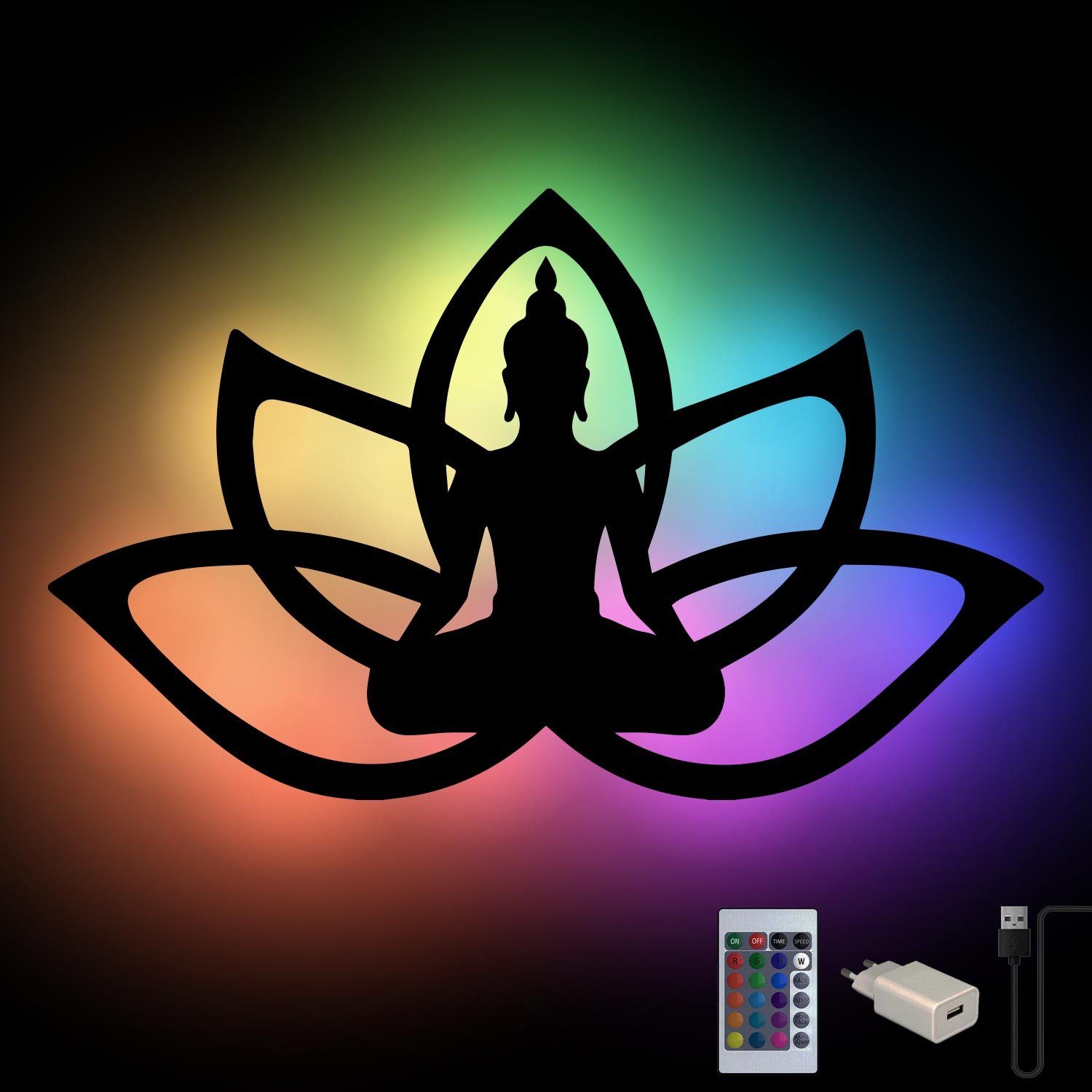 Namofactur LED Unbehandelt aus Blume, RGB Holz, Wandlampe Yoga, Haltung LED Buddha fest integriert, Lotus Farbwechsler Meditation Wandleuchte